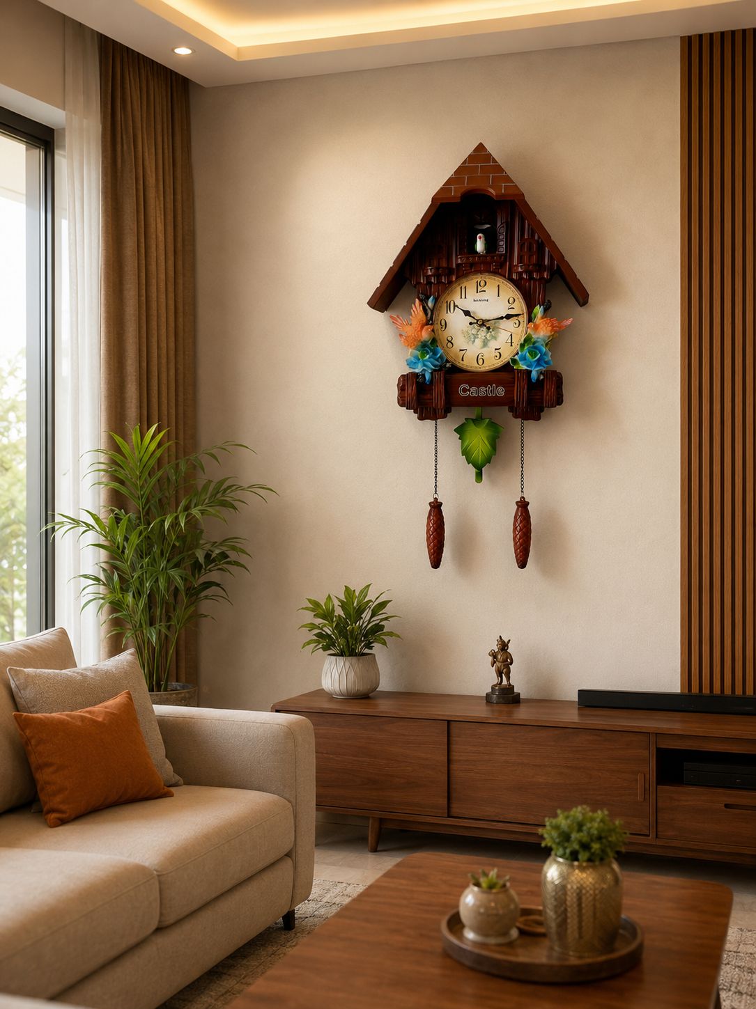 A traditional cuckoo clock with a brown wooden house-shaped frame hangs on a beige wall in a styled living room. The clock features a cream-colored face with black hands, colorful floral details, and green and orange cuckoo bird figures.