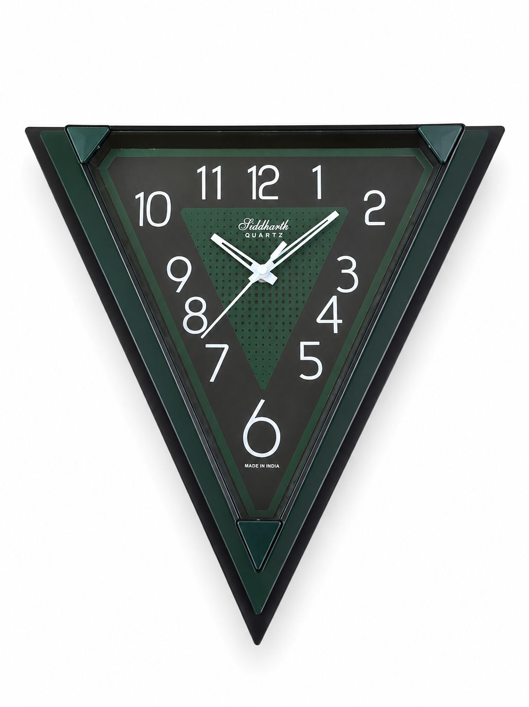A triangular wall clock with a dark green and black design, featuring white Arabic numerals and hands, and the text 'Fallsbrook Events' on the clock face, shown against a plain white background.