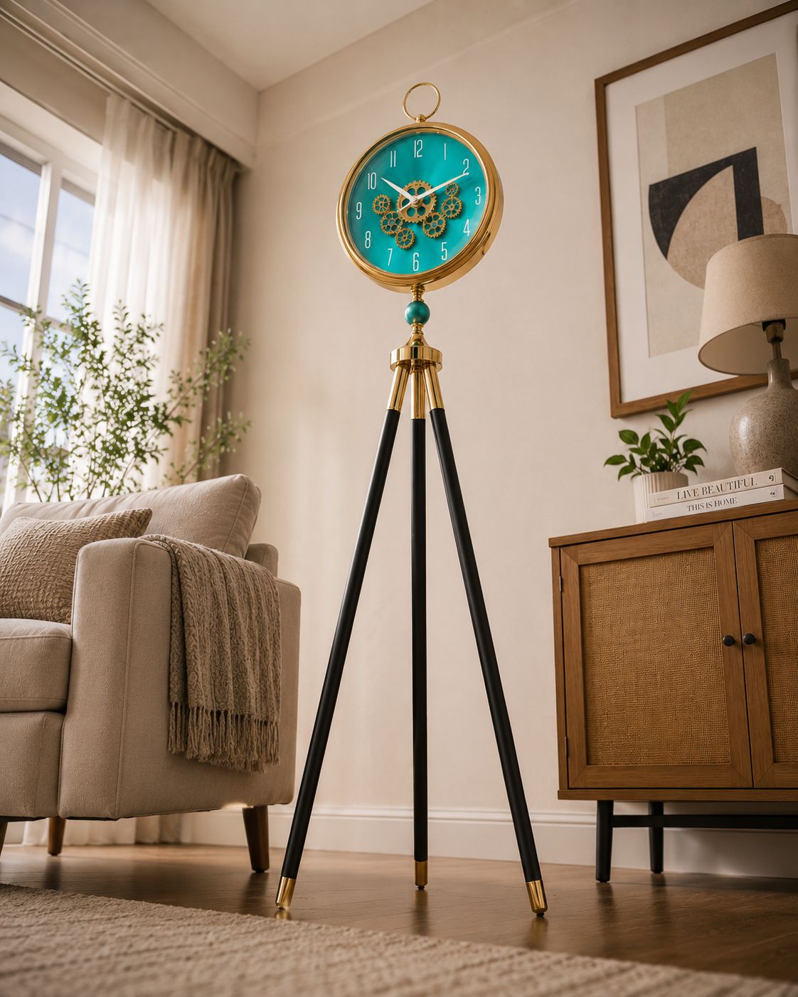 A tripod floor clock with a turquoise face, gold trim, and black legs with gold accents, styled in a cozy living room setting.
