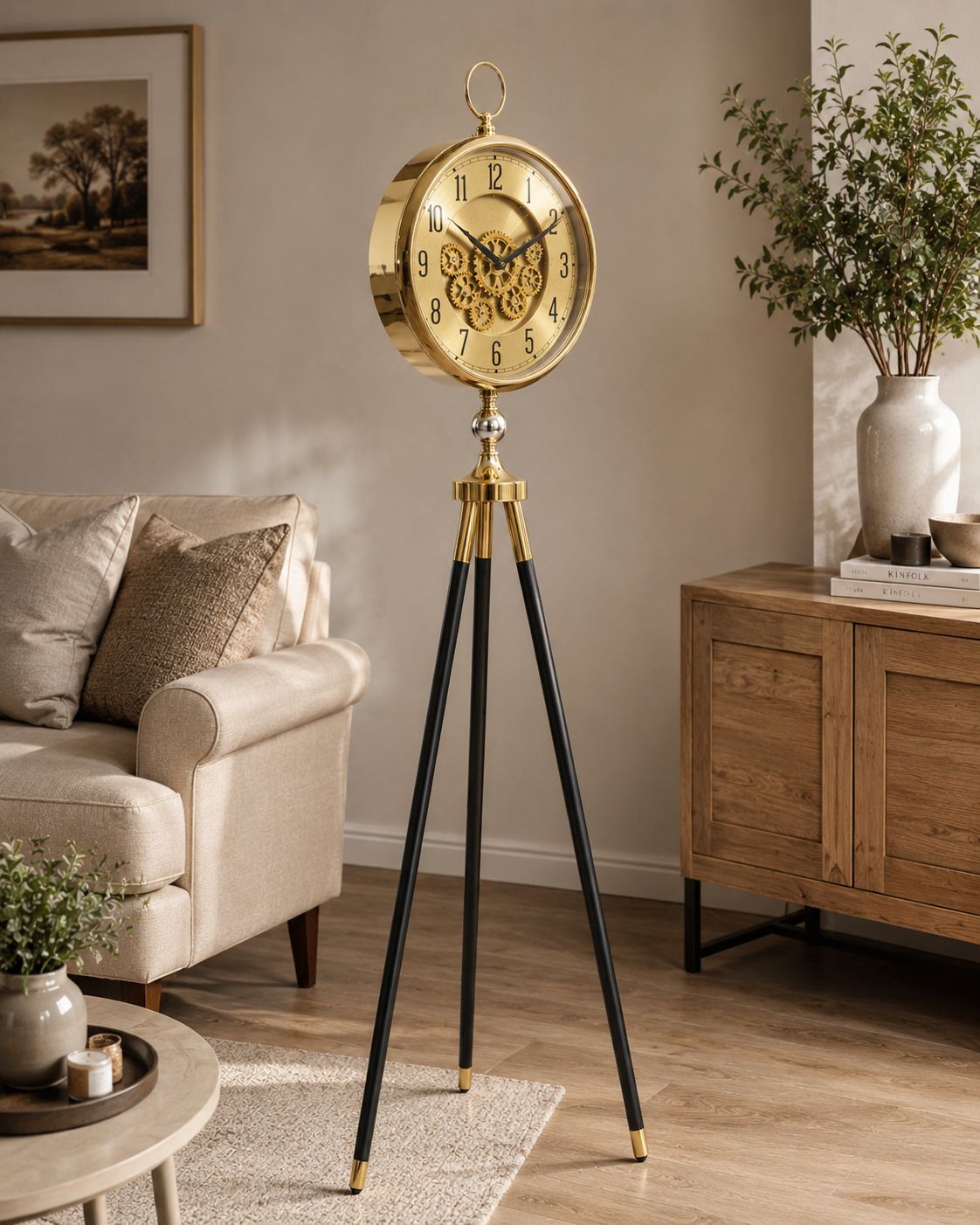 A vintage-style floor clock with a round gold brass face and ornate inner hands, supported by three black tripod legs with gold tips, set in a warm, modern living room.