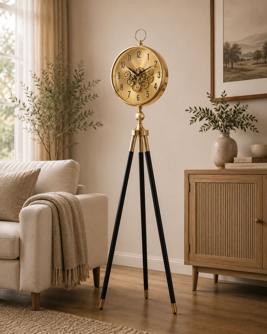 A vintage-style floor clock with a round gold clock face, ornate inner dial, and three black tripod legs with gold tips, placed in a warm, modern living room next to a beige sofa and wooden cabinet.