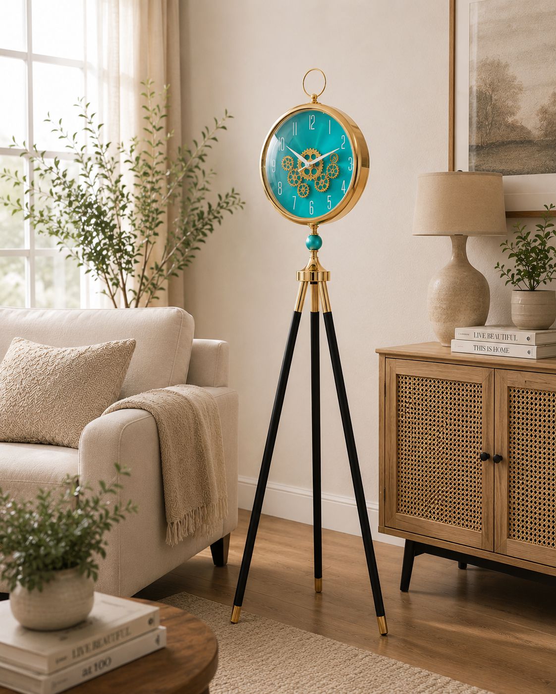 A vintage-style floor clock with a turquoise blue face, gold-tone circular frame, butterfly motif, and black tripod legs, styled in a warm, modern living room next to a beige sofa and wooden cabinet.