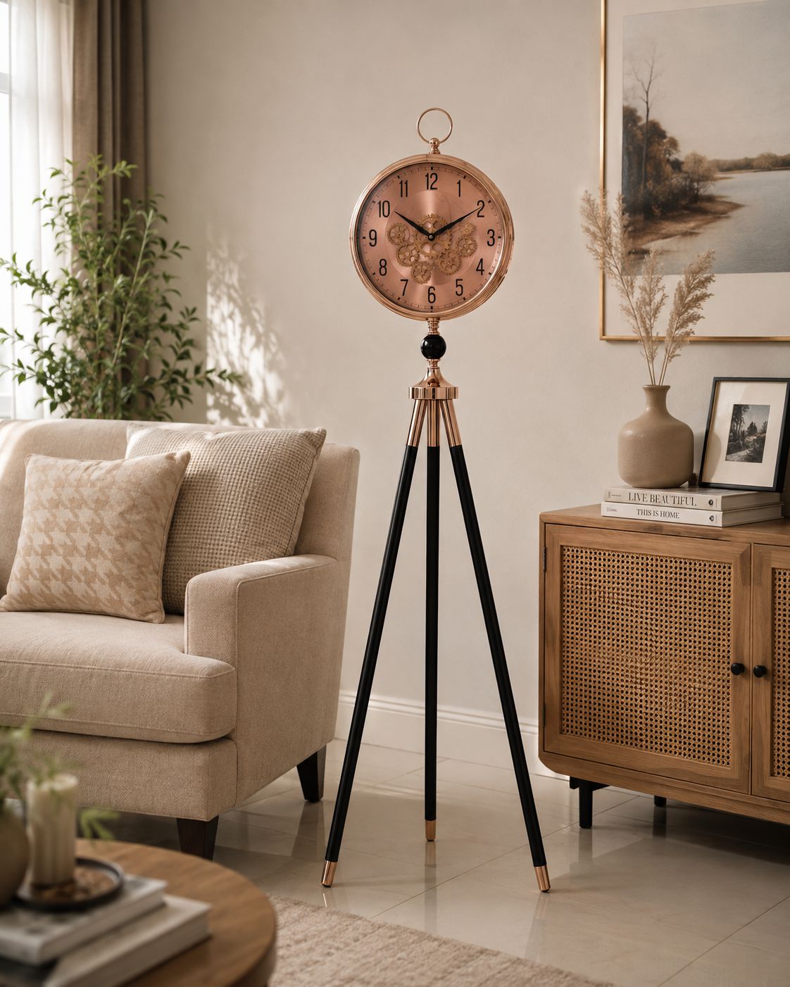 A vintage-style tripod floor clock with a round copper-toned face and black legs, styled in a warm, modern living room next to a beige sofa and wooden cabinet.