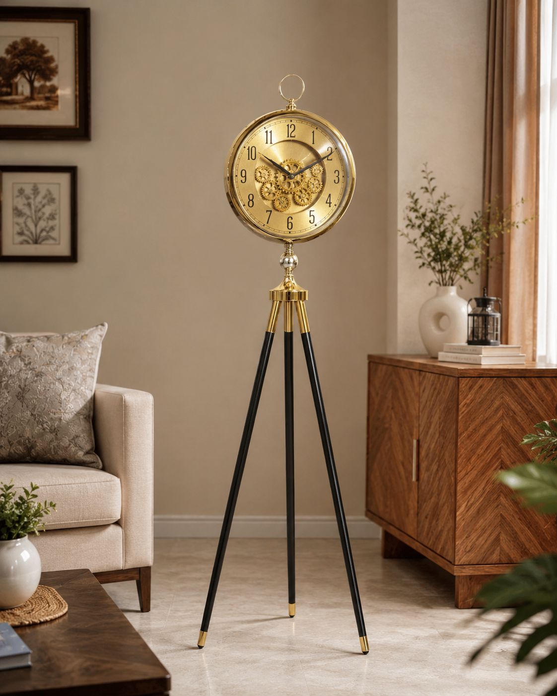 A vintage-style tripod floor clock with a round gold dial and black legs, styled in a warm, modern living room next to a wooden cabinet and beige sofa.