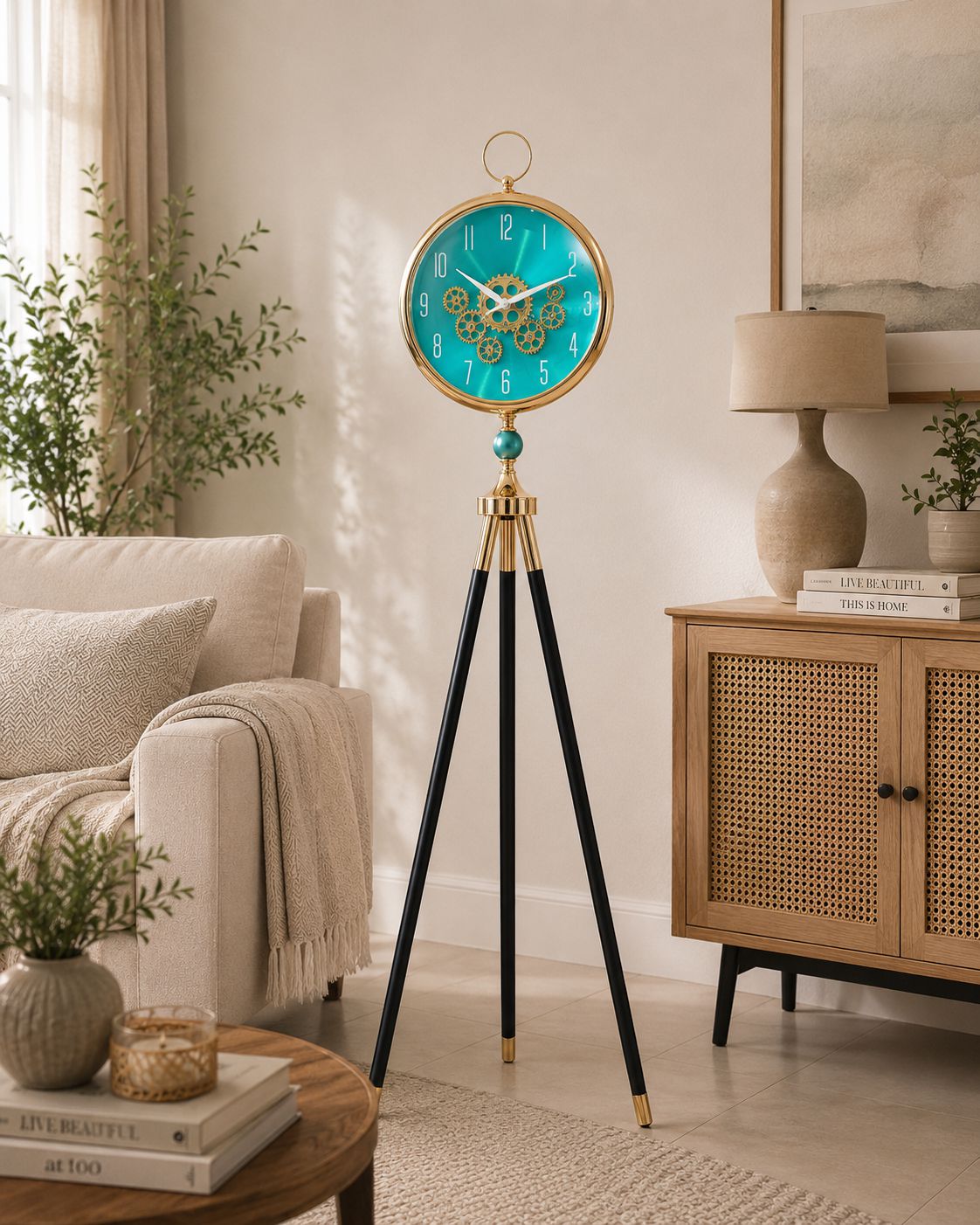 A vintage-style tripod floor clock with a turquoise blue clock face, gold trim, and black legs, styled in a warm, modern living room next to a beige sofa and wooden cabinet.