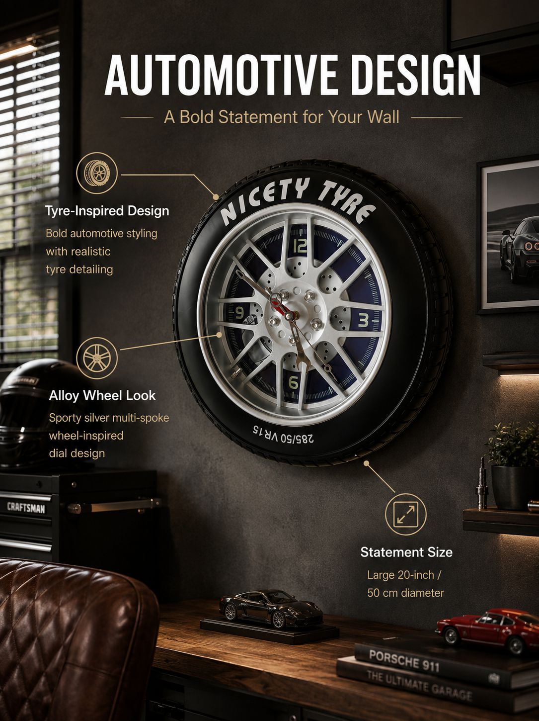 A wall-mounted automotive design clock shaped like a tire with a silver multi-spoke wheel center and blue clock face details, shown in a styled garage interior with text callouts describing its features.
