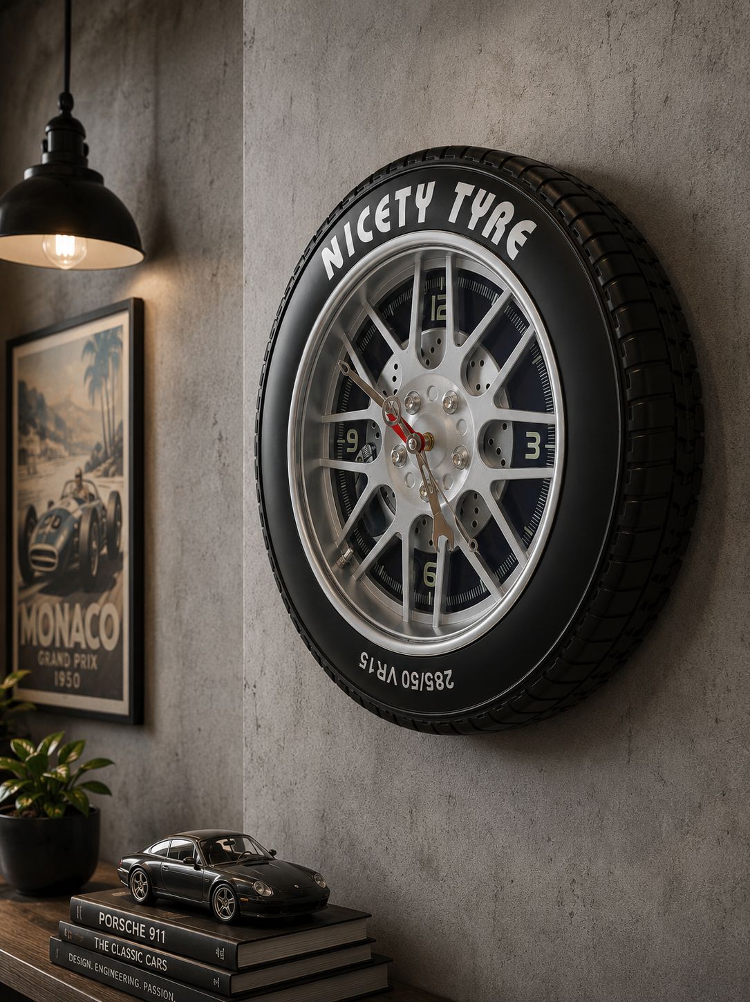 A wall-mounted clock shaped like a black racing tire with a silver multi-spoke wheel center and white 'NICETY TYRE' lettering, shown on a gray concrete wall above a shelf with books, a model car, and a framed Monaco poster.