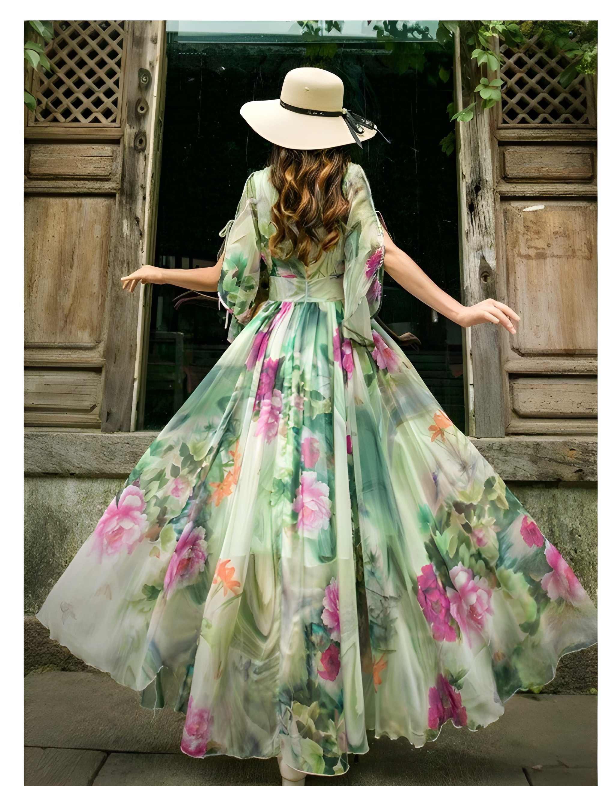 A woman viewed from behind wearing a flowing floral maxi dress with wide sleeves and a wide-brimmed straw hat, standing in front of rustic wooden doors.