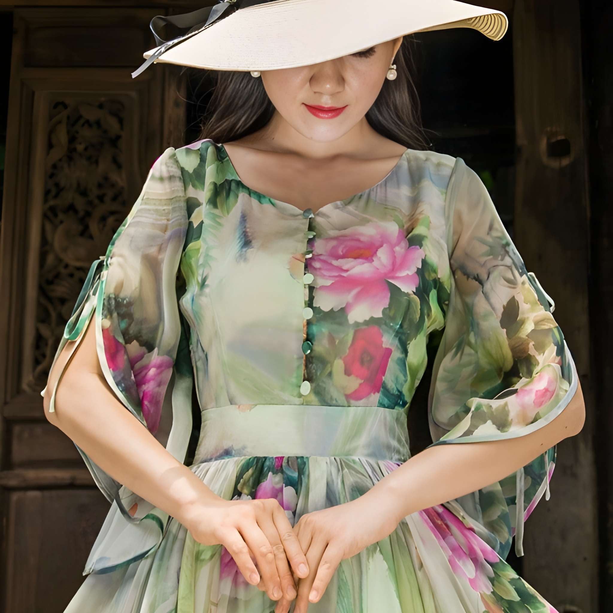 A woman wearing a floral-printed dress with wide sleeves and a matching wide-brim hat, posed in front of a dark wooden door.