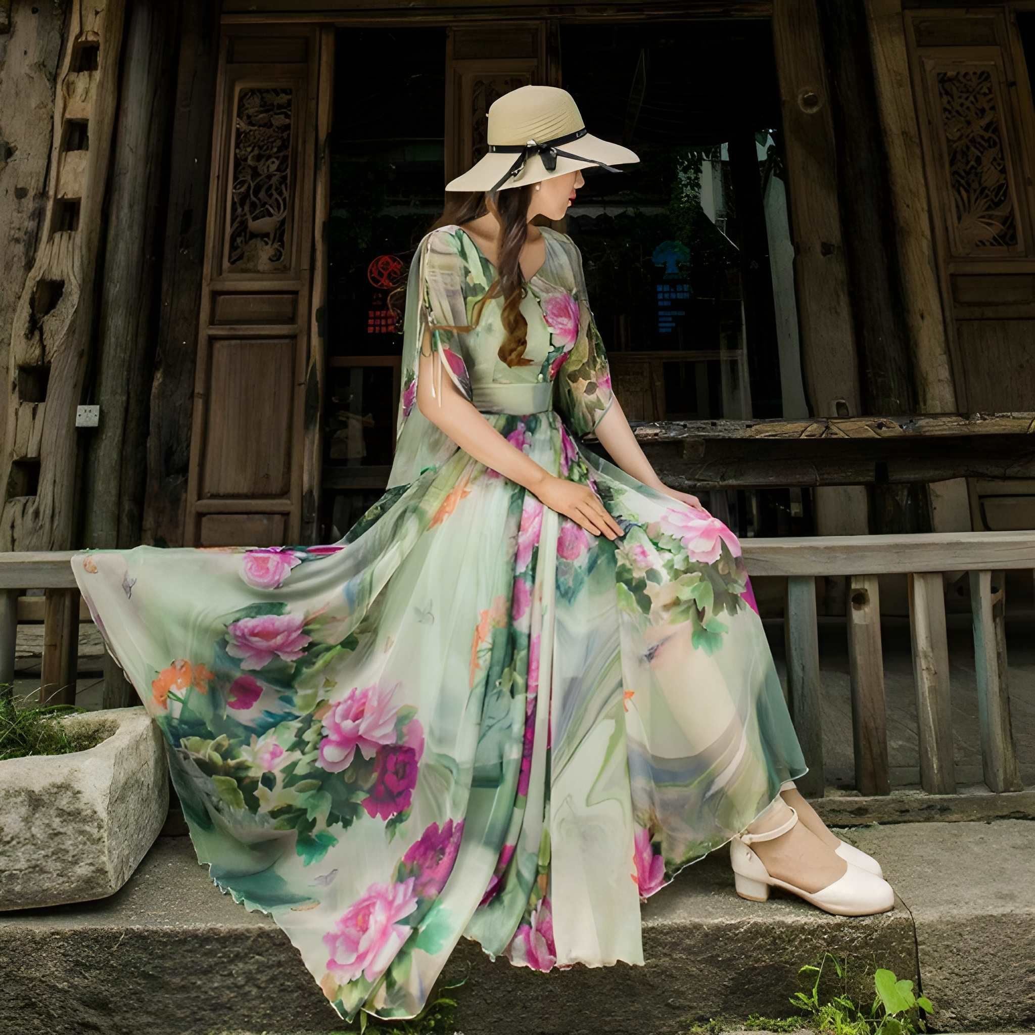 A woman wearing a long, flowing floral dress and a wide-brimmed hat sits on a stone ledge in front of a rustic wooden building. The dress is light green with large pink, purple, and orange floral prints.