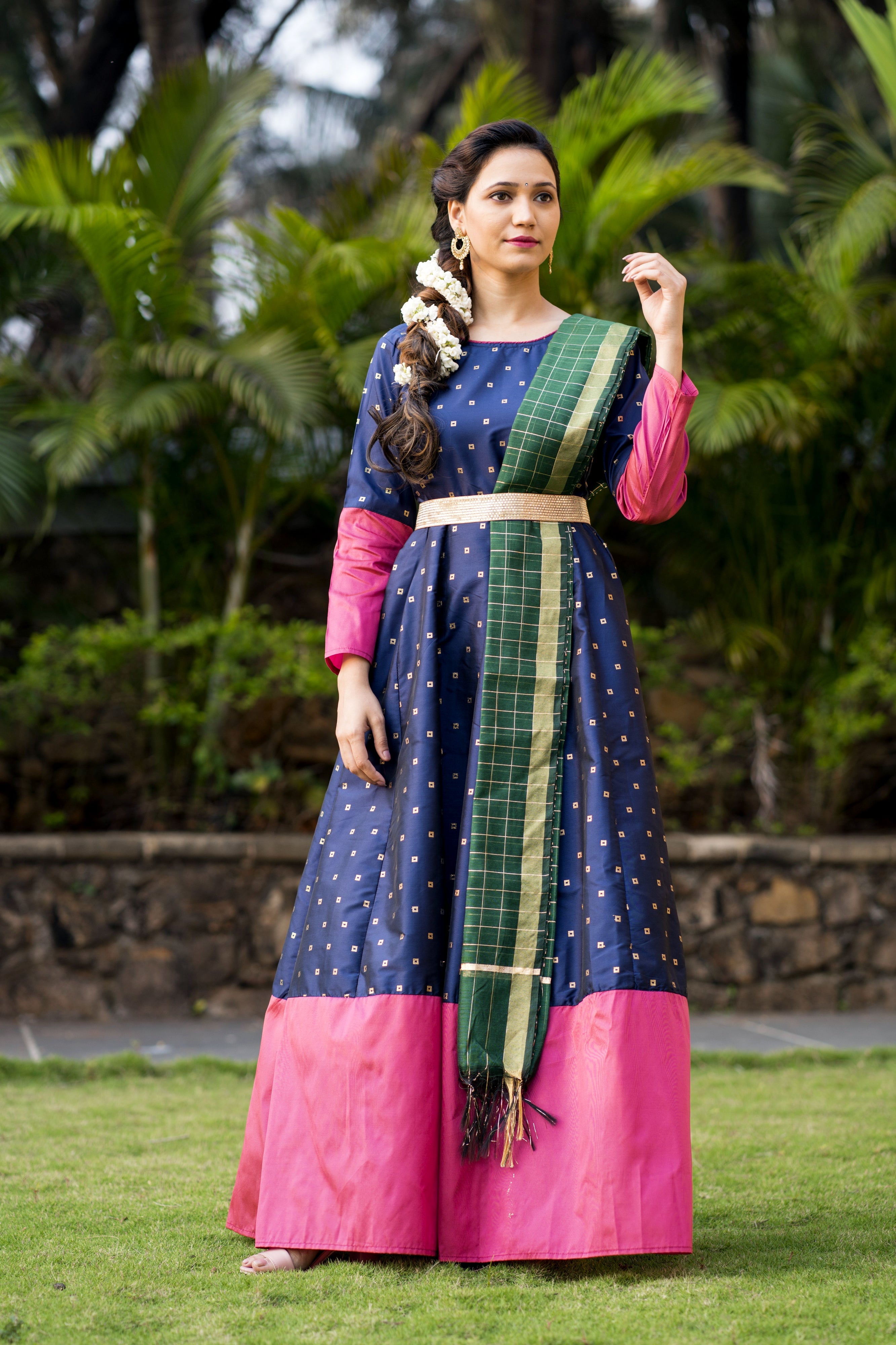 Adorable Designer Wear Blue Satin Silk Anarkali Gown With Silk Chanderi Dupatta- Adiba Fashion