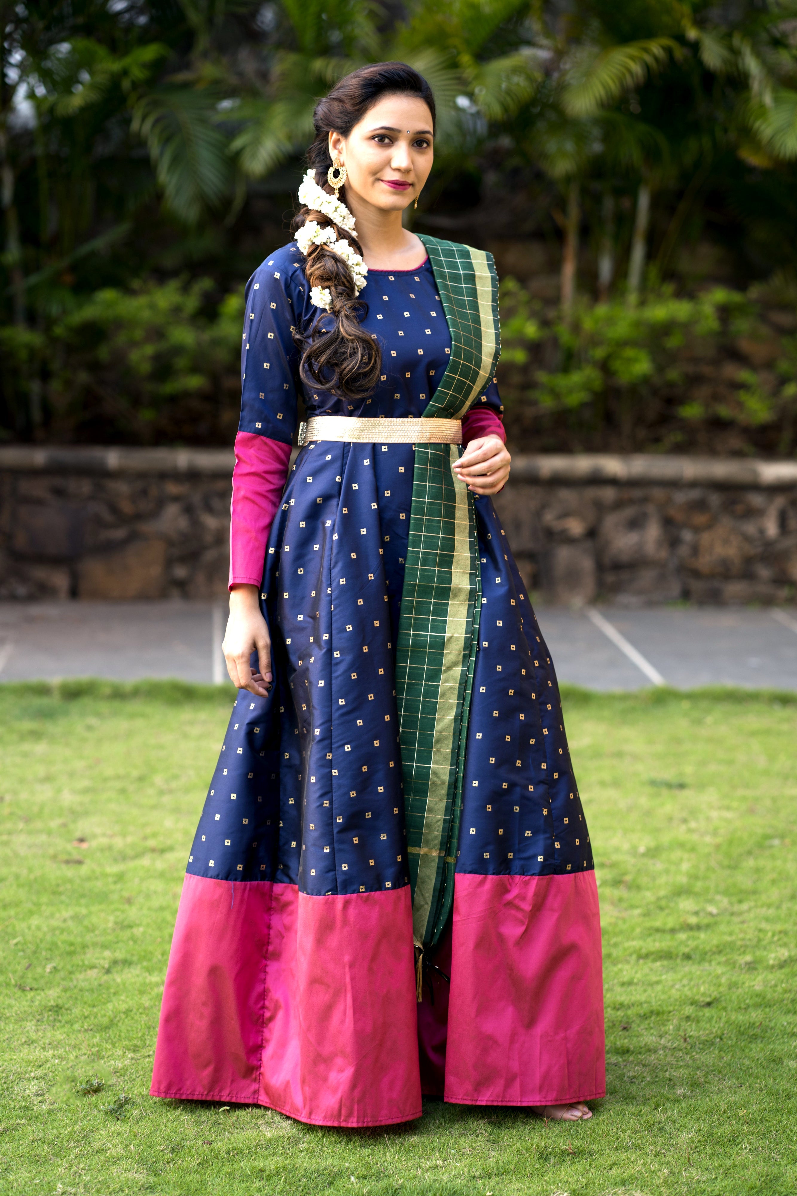 Adorable Designer Wear Blue Satin Silk Anarkali Gown With Silk Chanderi Dupatta- Adiba Fashion