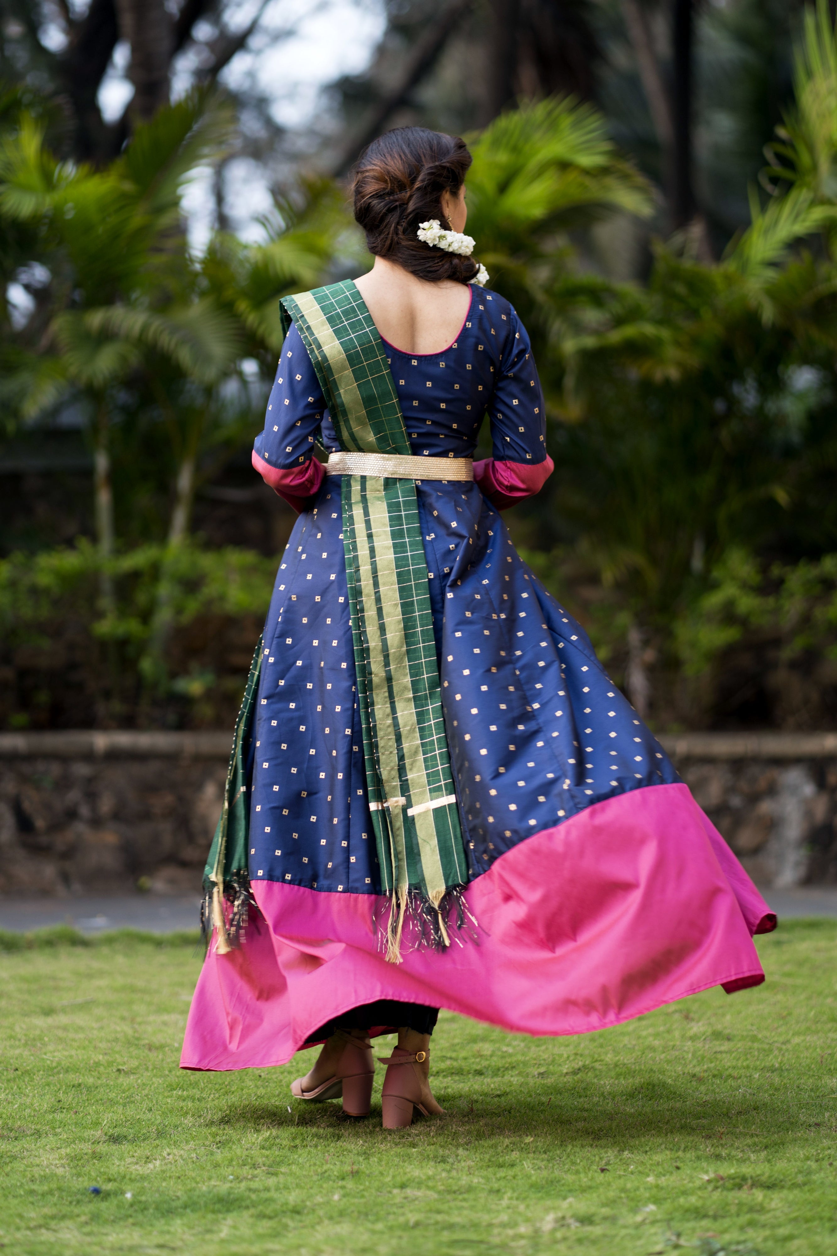 Adorable Designer Wear Blue Satin Silk Anarkali Gown With Silk Chanderi Dupatta- Adiba Fashion
