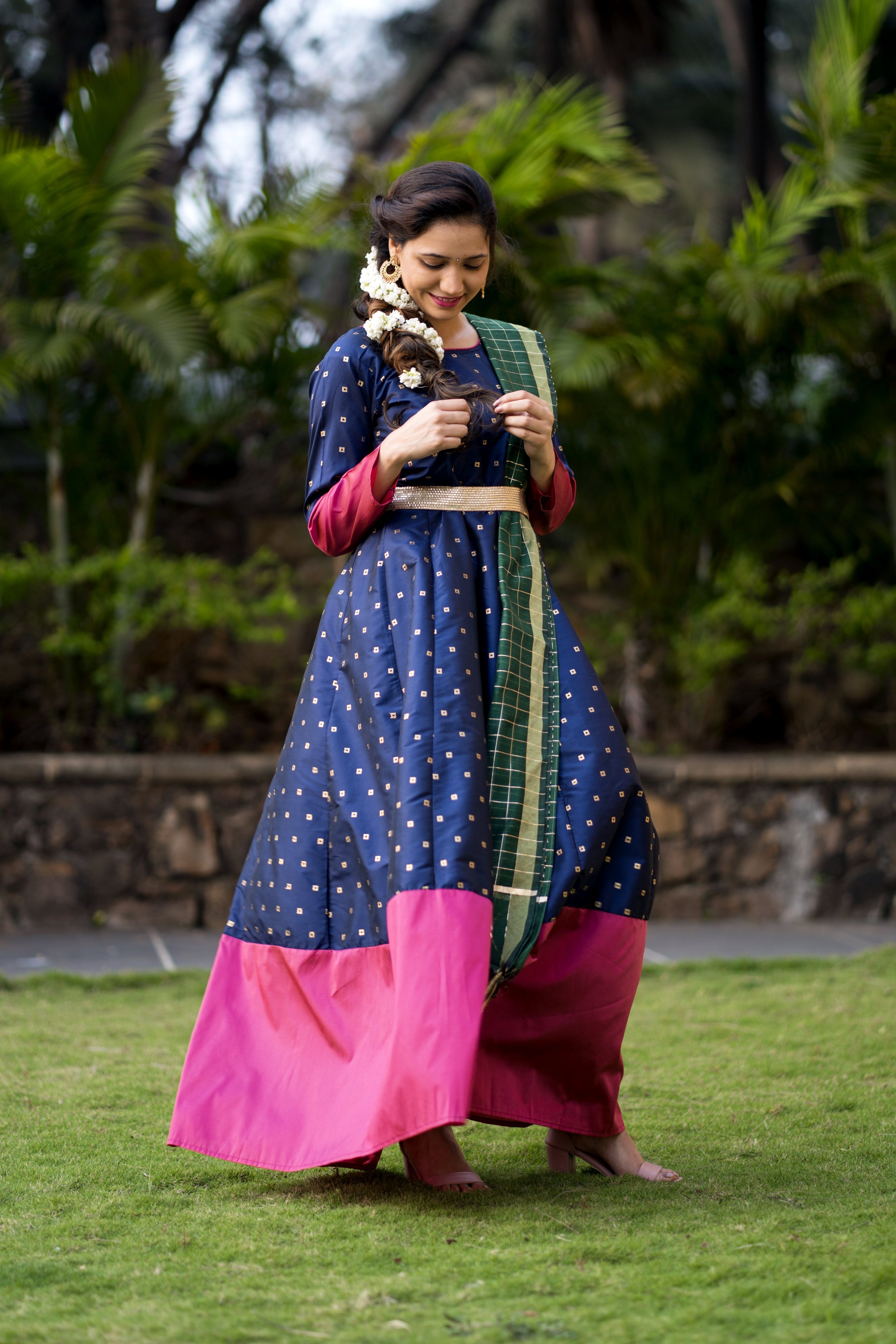 Adorable Designer Wear Blue Satin Silk Anarkali Gown With Silk Chanderi Dupatta- Adiba Fashion