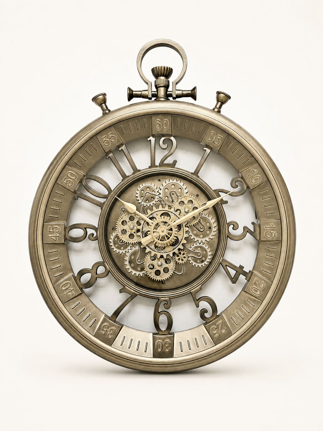 An antique-style pocket watch with a skeleton dial showing intricate internal gears and cogs, set against a plain off-white background.