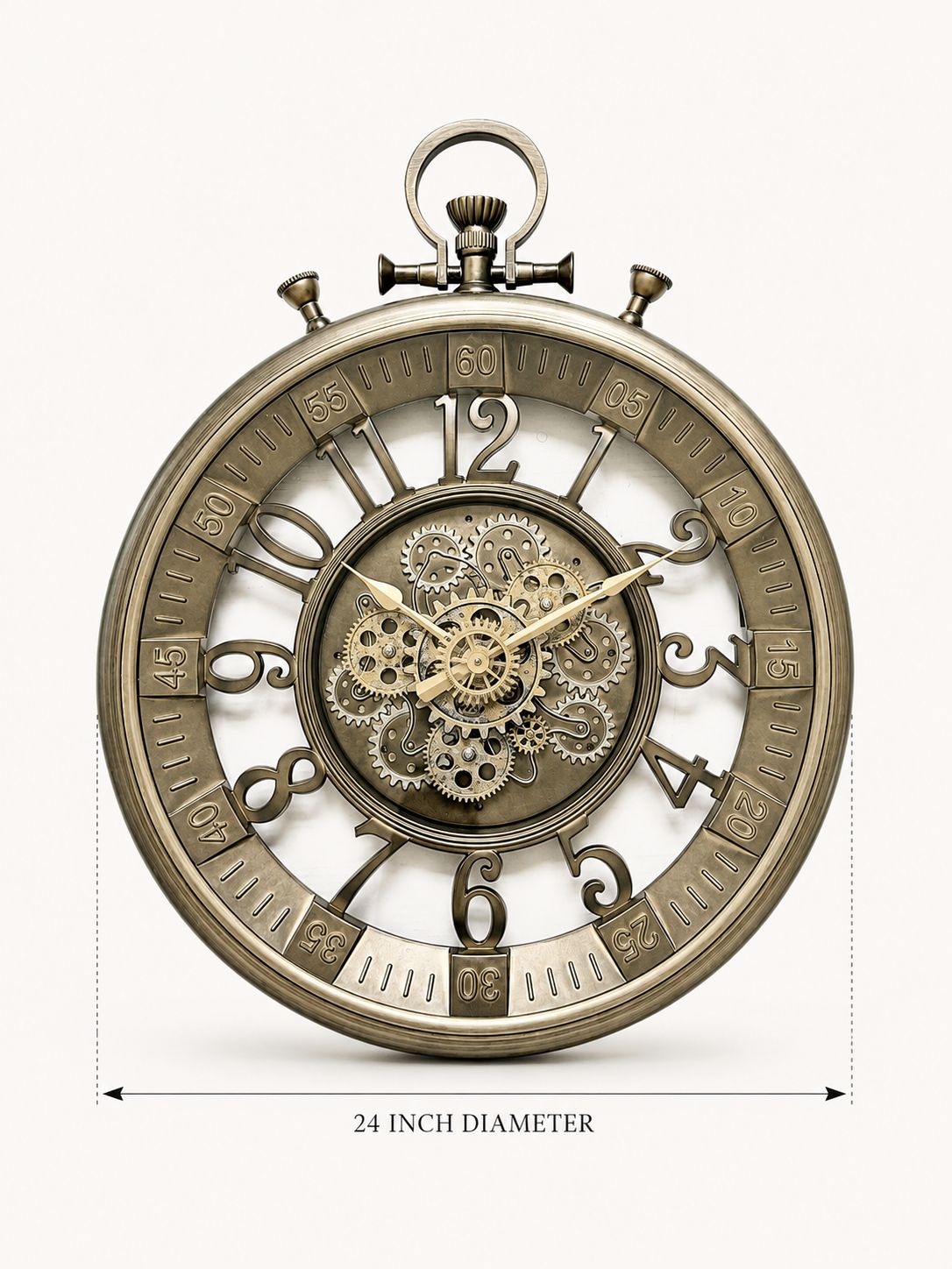 An antique-style skeleton pocket watch with a 24-inch diameter, featuring a bronze-toned metal case, openwork dial, visible internal gears, and a hanging loop at the top, shown on a light background with a dimension label below.