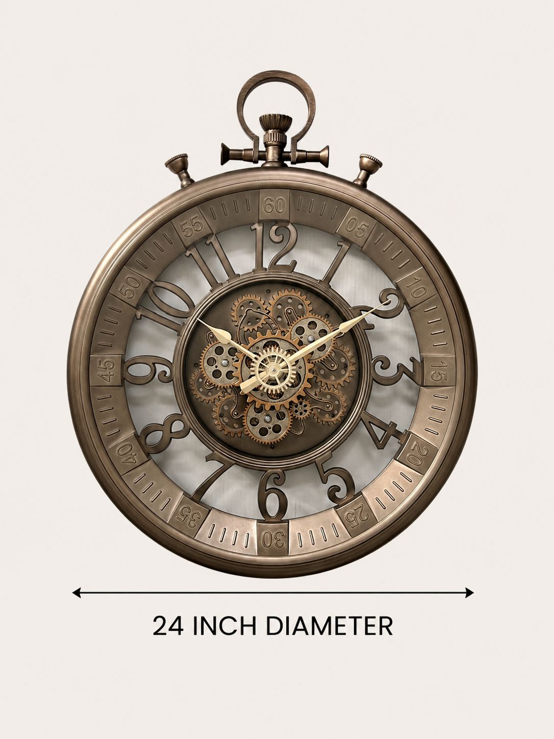 An antique-style steampunk pocket watch with a 24-inch diameter, featuring a bronze-toned metal frame, skeletonized numerals, and visible internal gears and cogs on a light beige background.