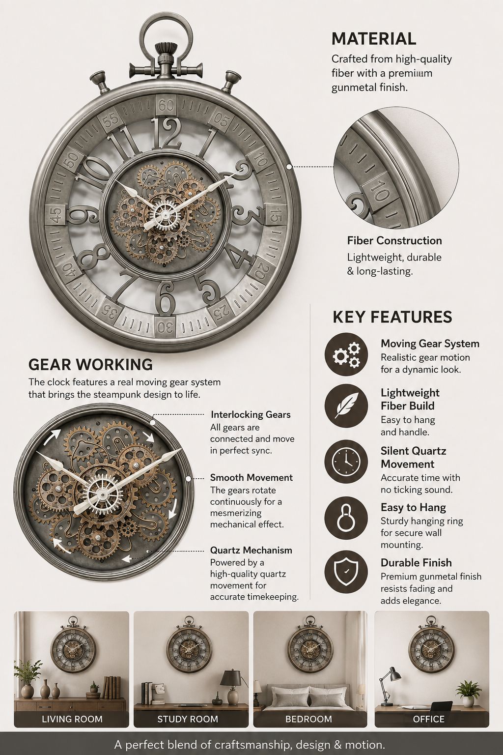 An infographic detailing a vintage-style wall clock, featuring a large front view of the clock, a close-up of its internal gear system, a key features list, and four small lifestyle room mockups at the bottom showing the clock in a living room, study room, bedroom, and office.