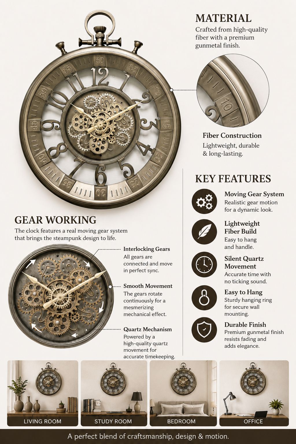 An infographic detailing the features of a vintage-style mechanical wall clock. The main image shows the clock face and its intricate gear system, with callouts pointing to 'MATERIAL' (high-quality fiber glass) and 'KEY FEATURES' including fiber construction, lightweight build, silent quartz movement, and a durable polished finish.