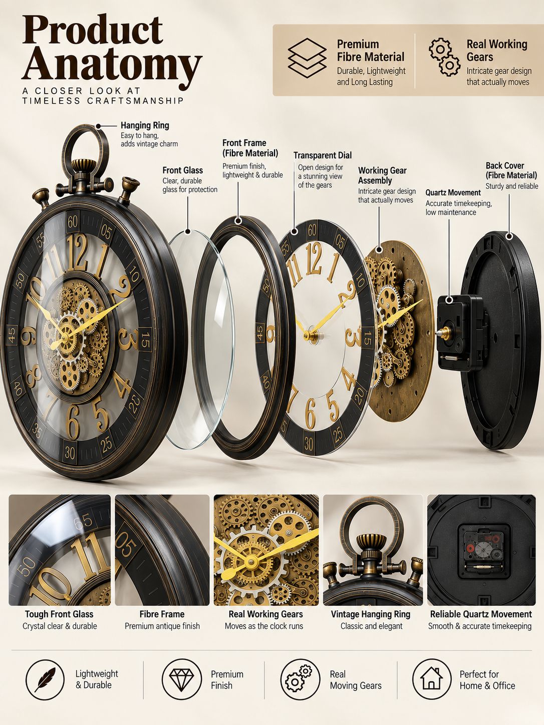 An infographic product diagram titled 'Product Anatomy' showing a close-up of a vintage-style wall clock with labeled parts such as hanging ring, front frame, transparent dial, working gear assembly, and back cover. The layout includes feature callouts, material highlights, and small detail photos on a light beige background.