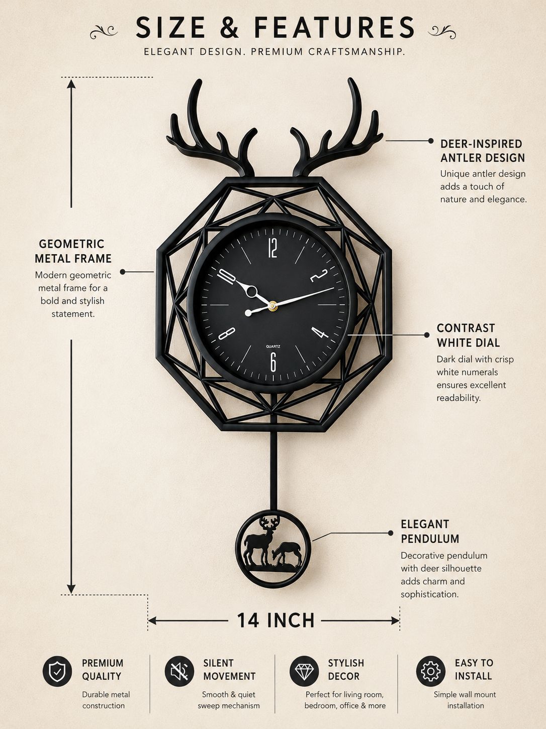 An informational product graphic titled 'SIZE & FEATURES' for a wall clock. The clock is shown centered on a warm beige background with callouts and text describing its deer-inspired antler design, geometric metal frame, contrast white dial, and elegant pendulum.