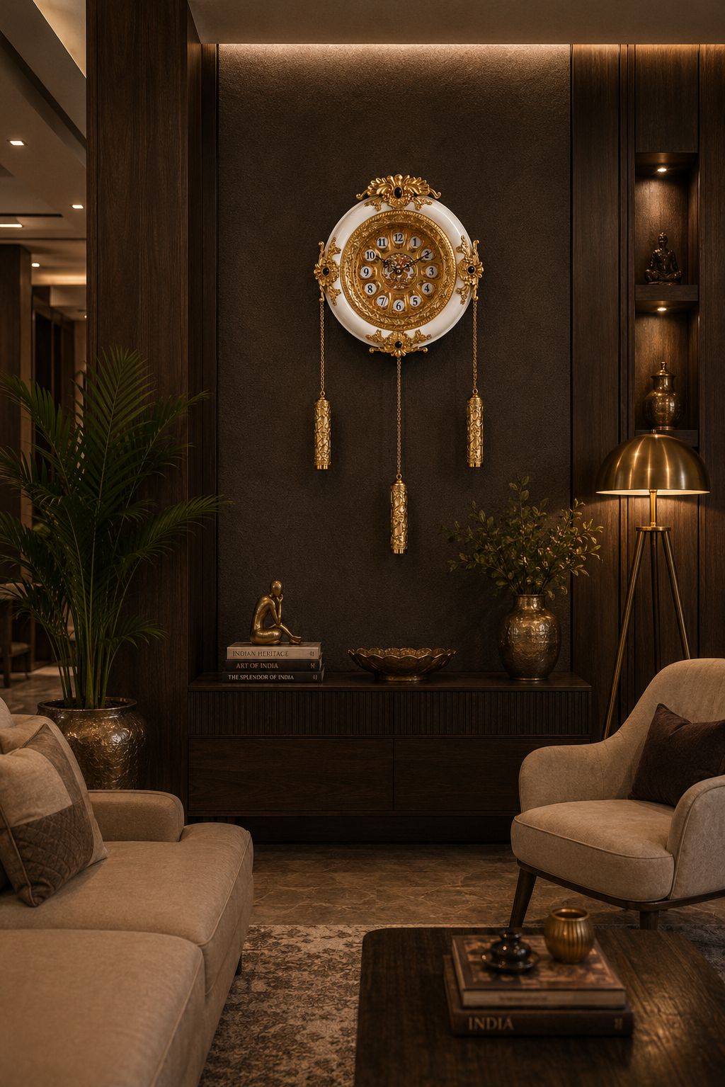 An ornate circular wall clock with gold detailing and hanging tassels, mounted on a dark wood-paneled wall in a luxurious living room setting.