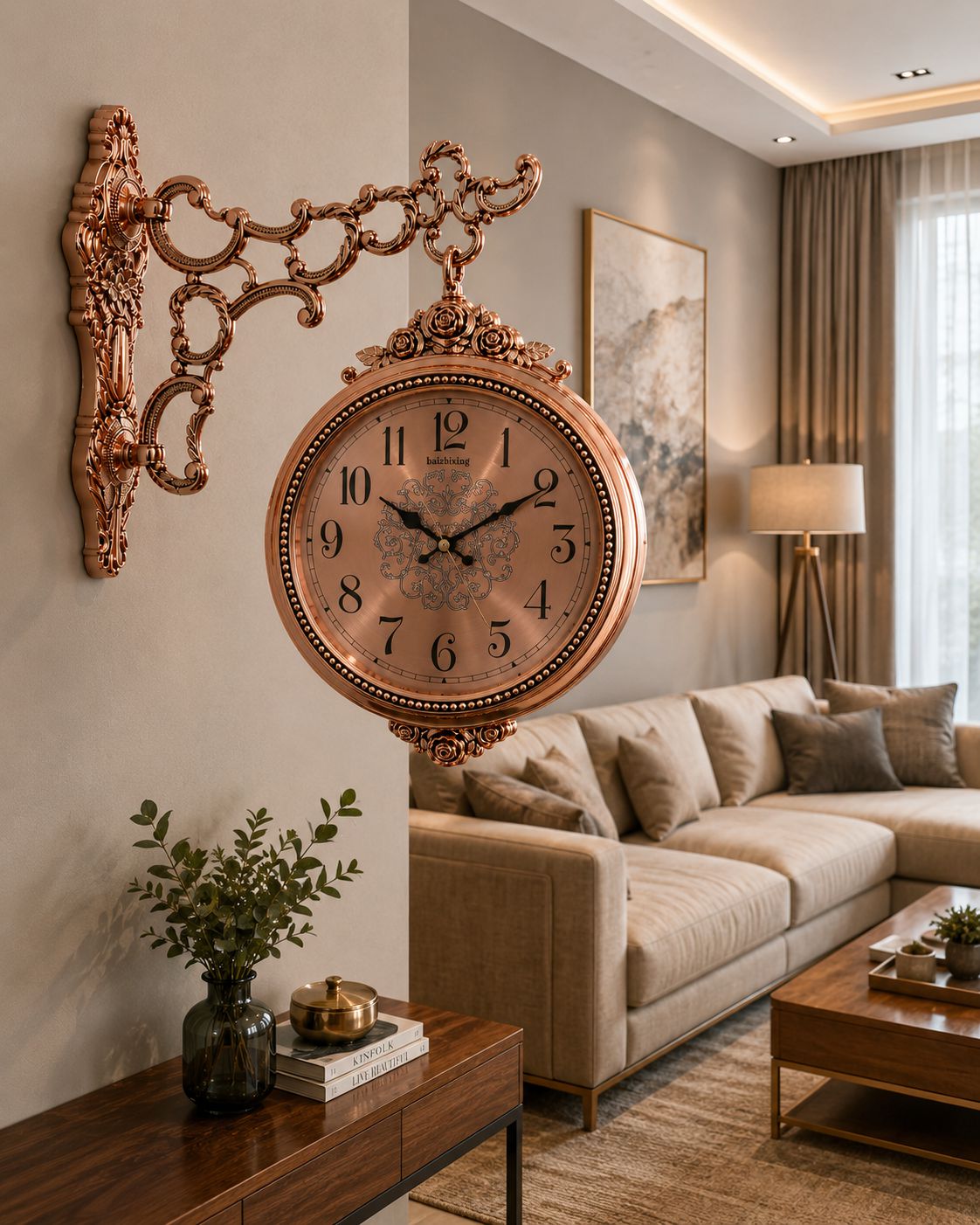 An ornate copper-toned wall clock with a decorative scroll bracket and a round face, mounted on a beige wall in a styled living room with a sofa, table, and lamp.