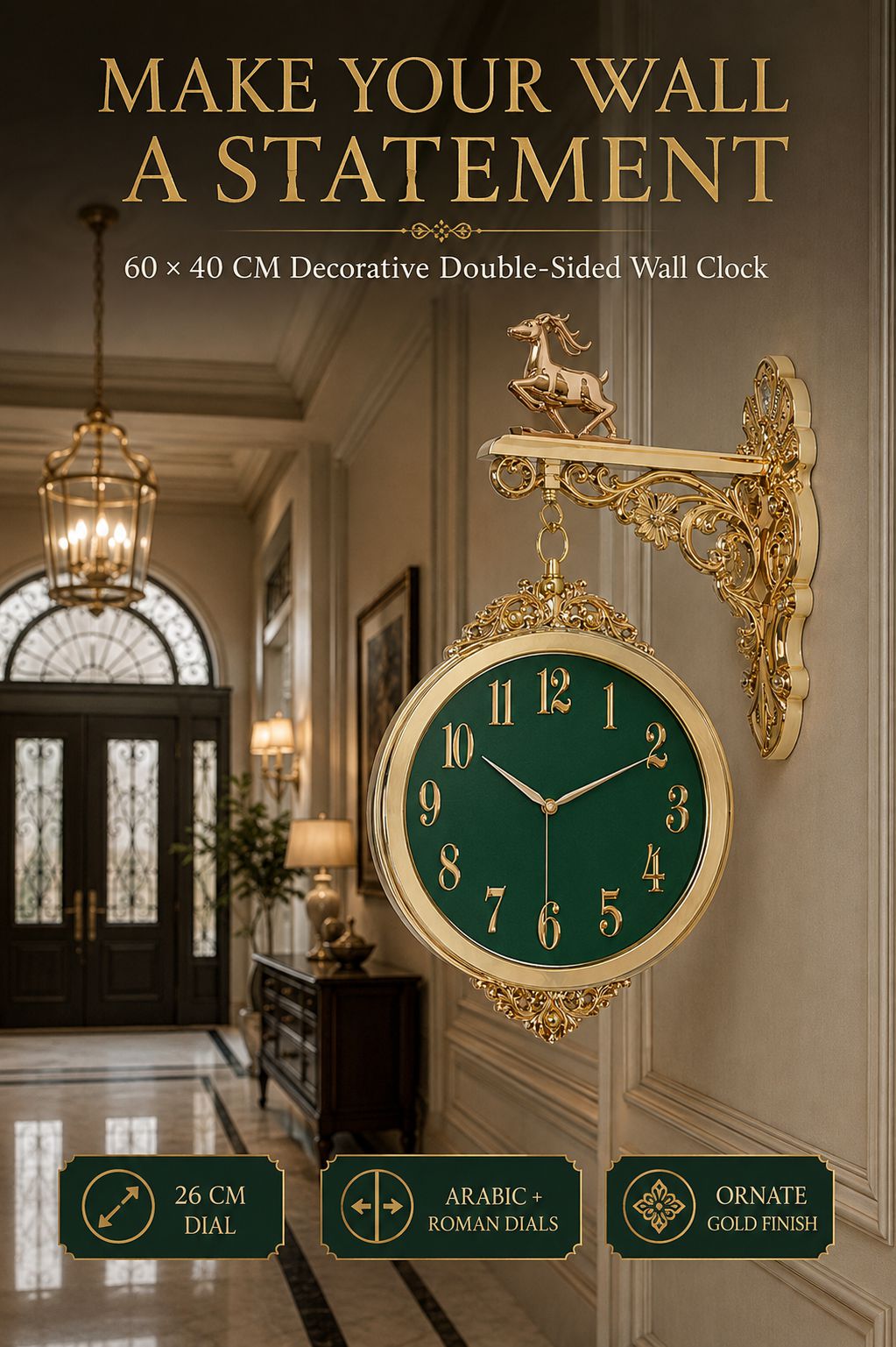 An ornate decorative wall clock mounted on a beige wall in a hallway setting. The clock features a round dark green dial with gold Arabic numerals and gold hands, supported by an elaborate gold bracket with a horse figurine topper.