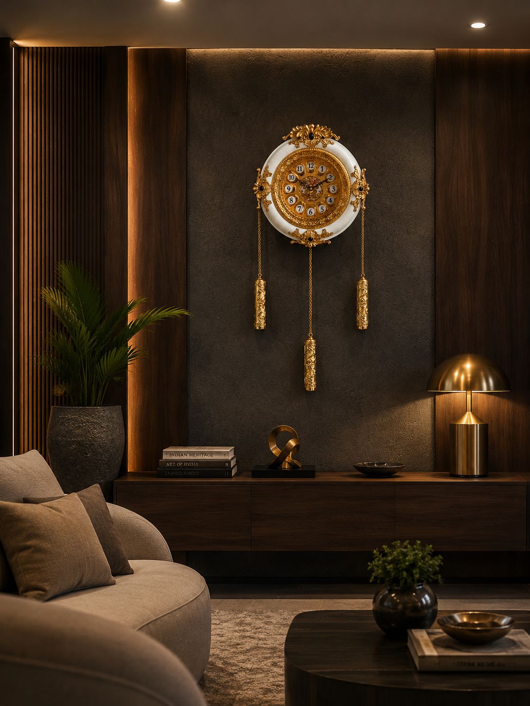 An ornate gold and white wall clock with hanging tassels is displayed on a dark textured wall above a wooden console in a modern, warmly lit living room.