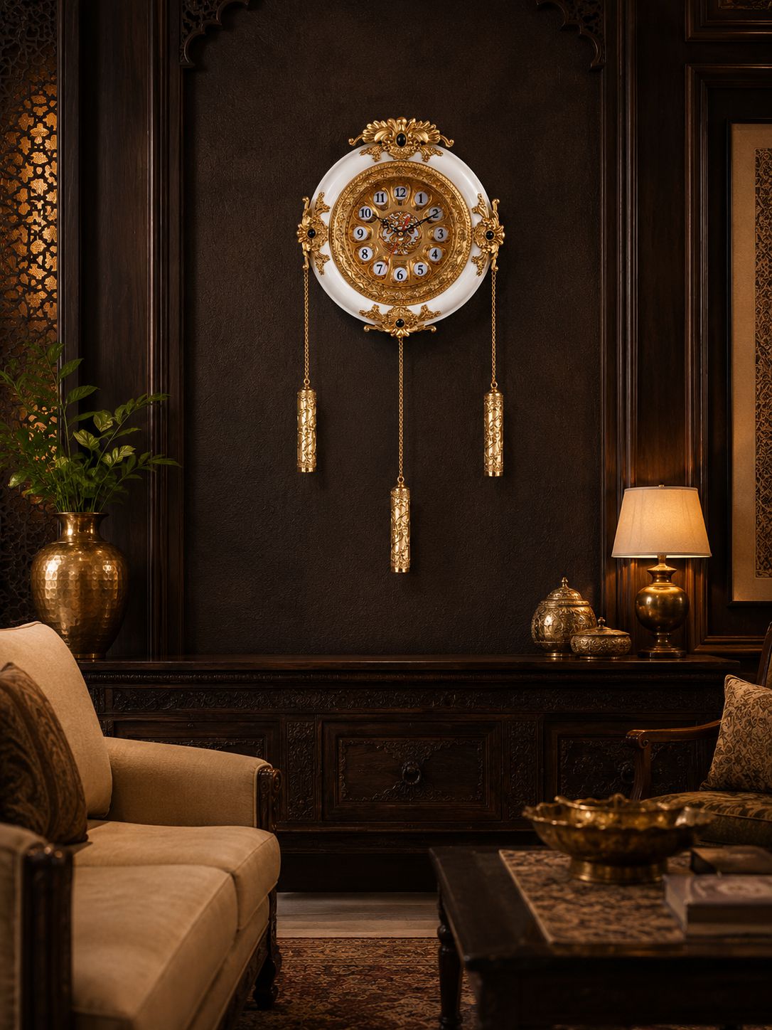 An ornate gold and white wall clock with three dangling tassels, mounted on a dark wood-paneled wall in a luxurious, dimly lit living room with a beige sofa and a table lamp.