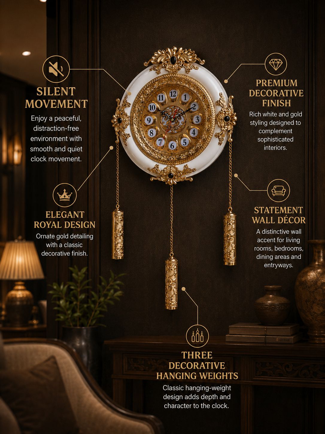 An ornate gold and white wall clock with three hanging weights, shown in a luxurious dark room with overlaid marketing text highlighting features like silent movement, premium decorative finish, elegant royal design, and statement wall decor.