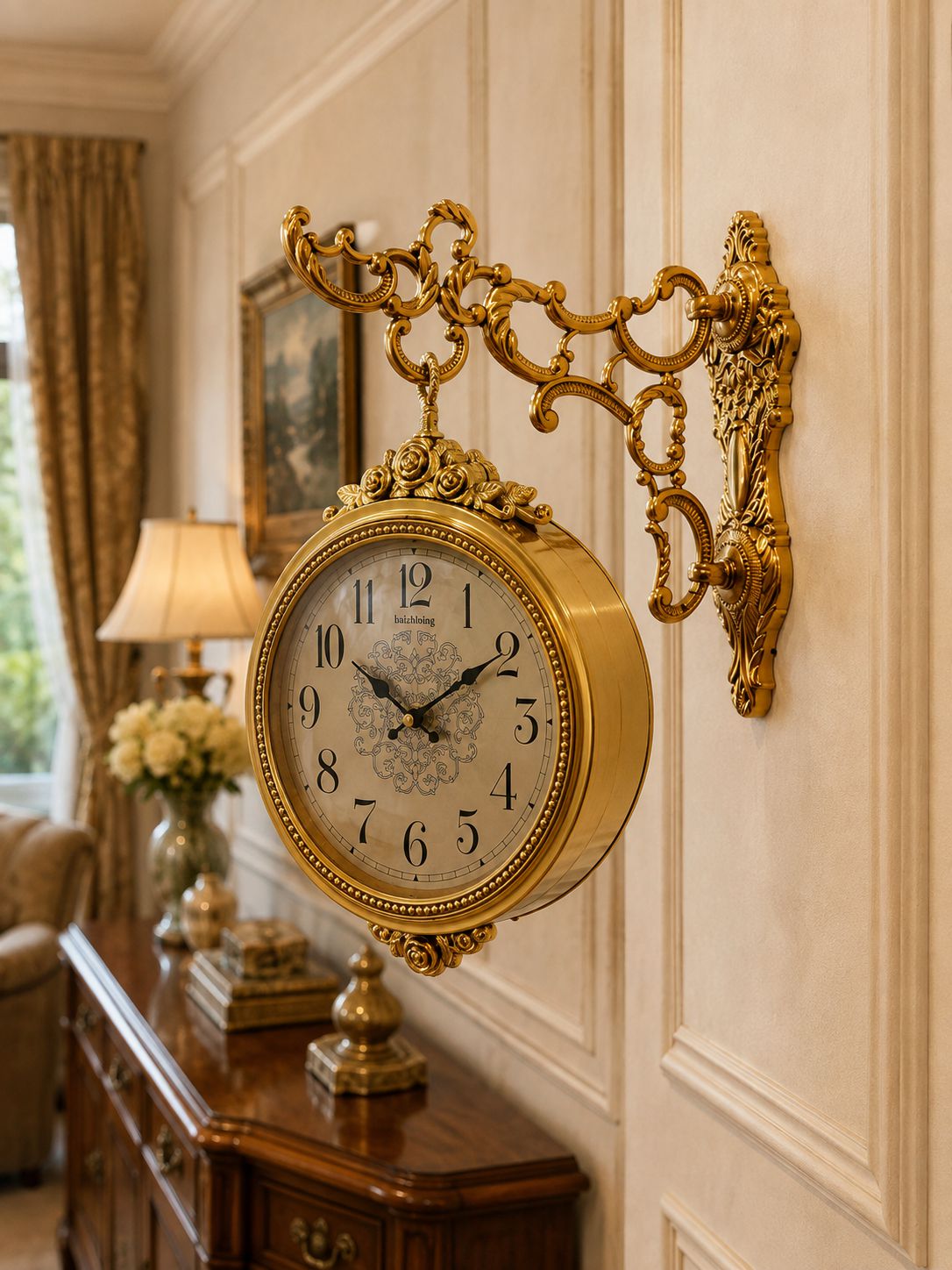 An ornate gold wall-mounted clock with a decorative bracket and cream dial, shown hanging on a paneled cream wall in a classic interior setting.