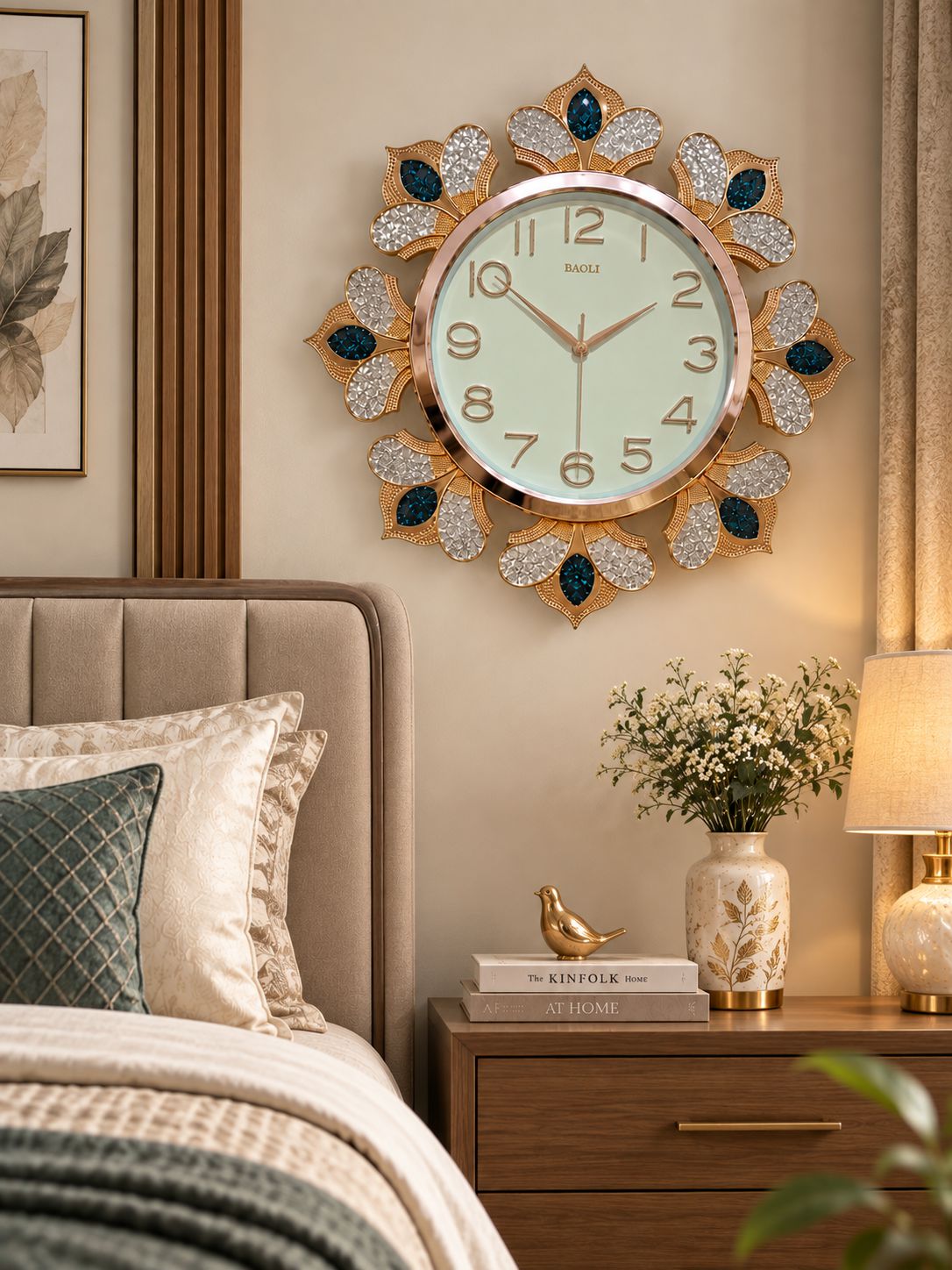 An ornate round wall clock with a gold-tone frame and leaf-like floral accents, mounted above a bed in a styled bedroom. The clock face is pale green with gold Arabic numerals, and the surrounding decorative elements feature gold, silver, and dark blue details.