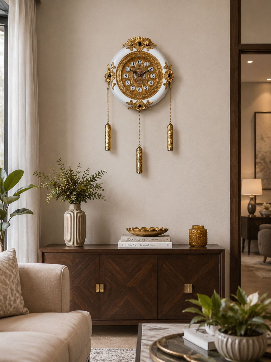 An ornate round wall clock with a white face, gold frame, and three dangling gold weights, mounted on a beige wall above a dark wood console table in a styled living room.