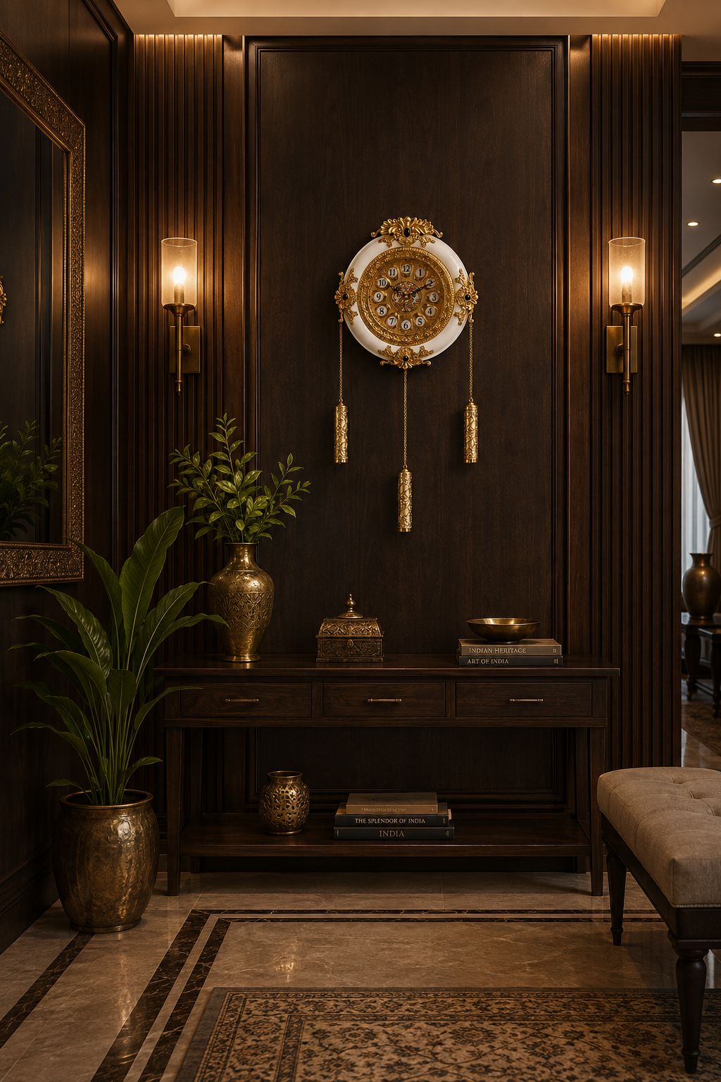 An ornate round wall clock with gold detailing and hanging tassels displayed on a dark wood-paneled wall above a console table in a luxurious interior setting.