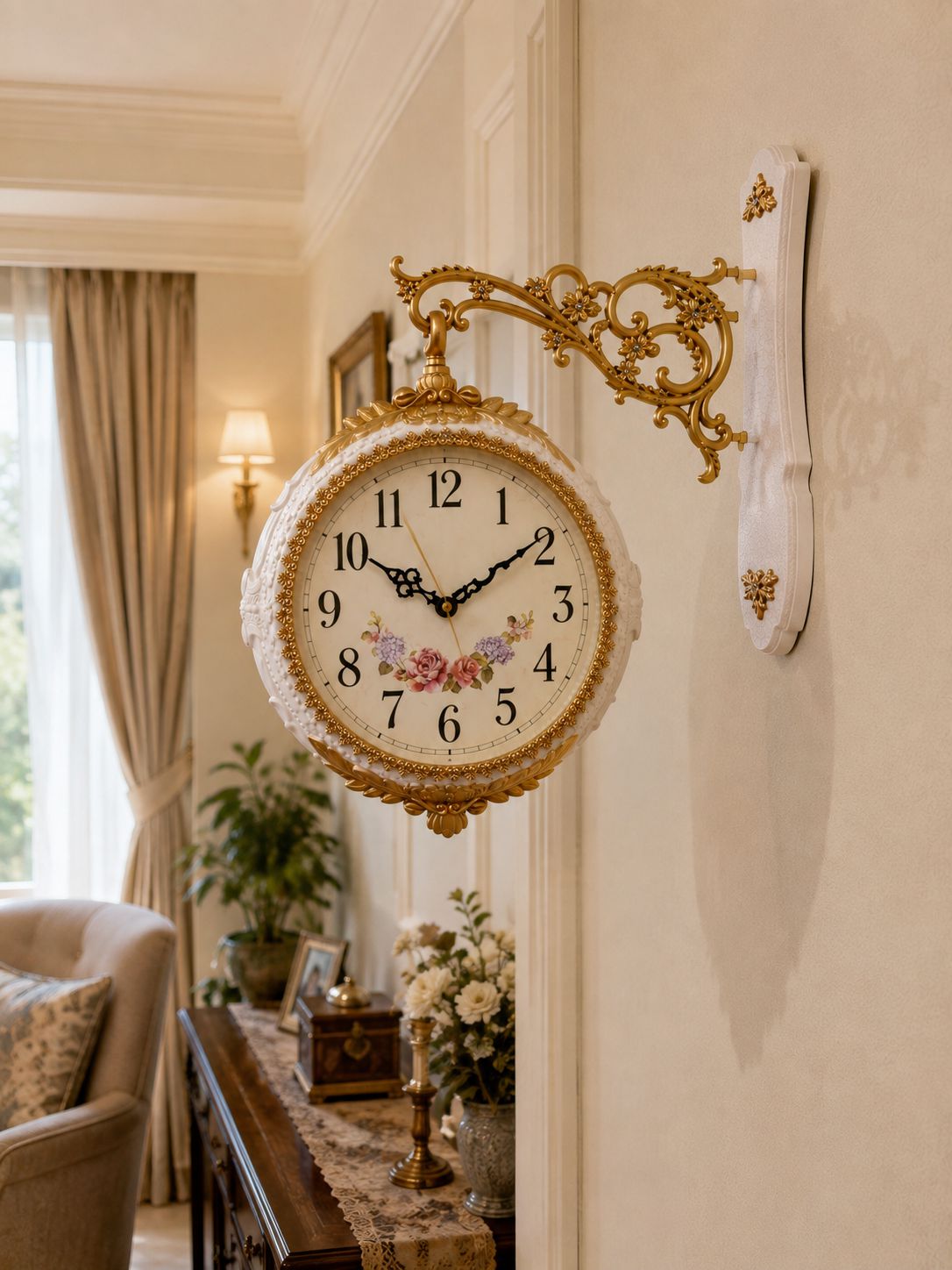 An ornate vintage-style wall clock with a gold metal bracket and white face, mounted on a cream-colored wall in a beautifully decorated living room.