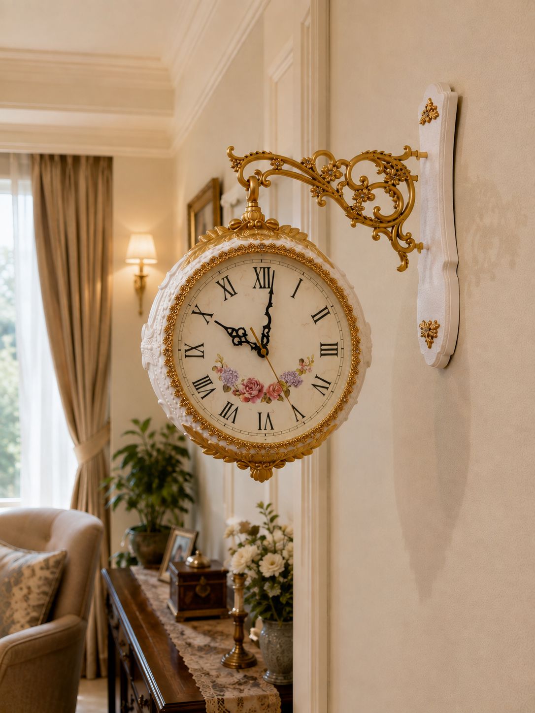 An ornate vintage-style wall clock with a gold scrollwork bracket and white lace trim, mounted on a cream-colored wall in a beautifully decorated room.