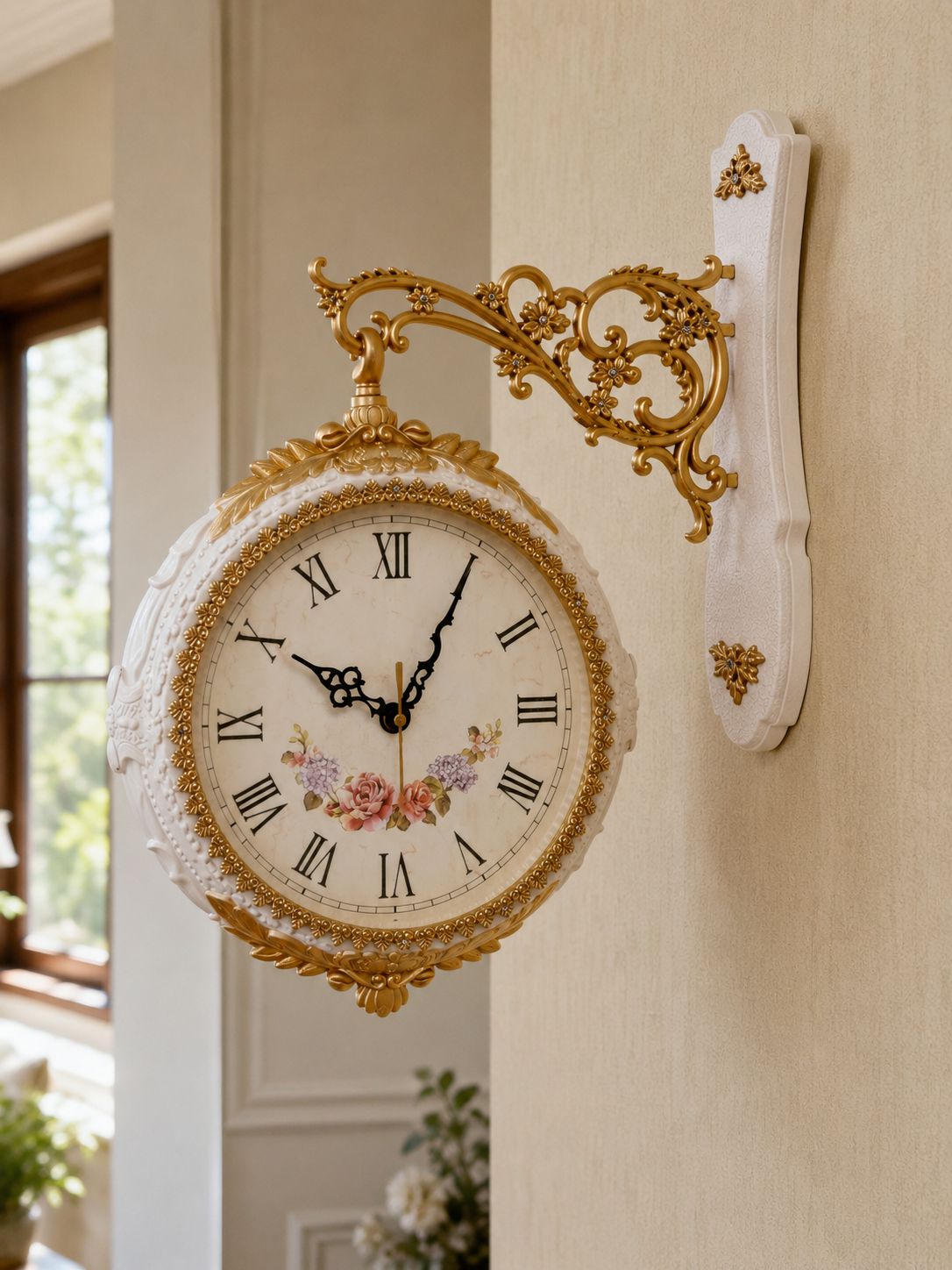 An ornate vintage-style wall clock with a white and gold gilded frame, mounted on a beige wall. The clock features a white dial with black Roman numerals, black hands, and a delicate floral illustration near the bottom.
