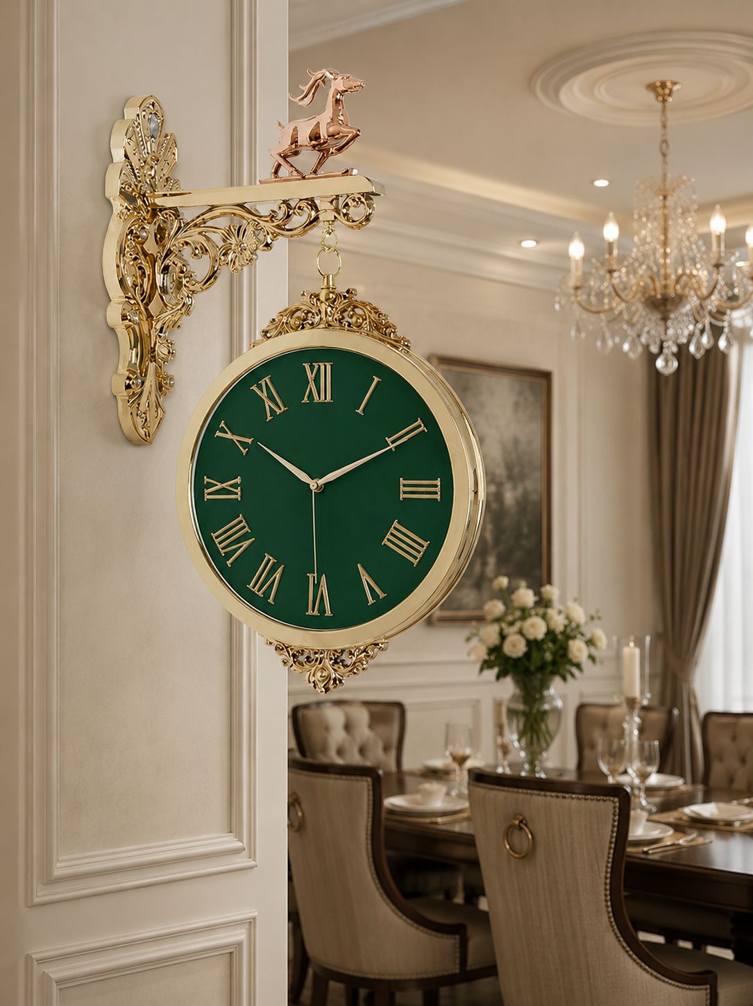 An ornate wall-mounted clock with a deep green dial and gold-tone detailing, mounted on a decorative gold bracket in a luxurious dining room setting.