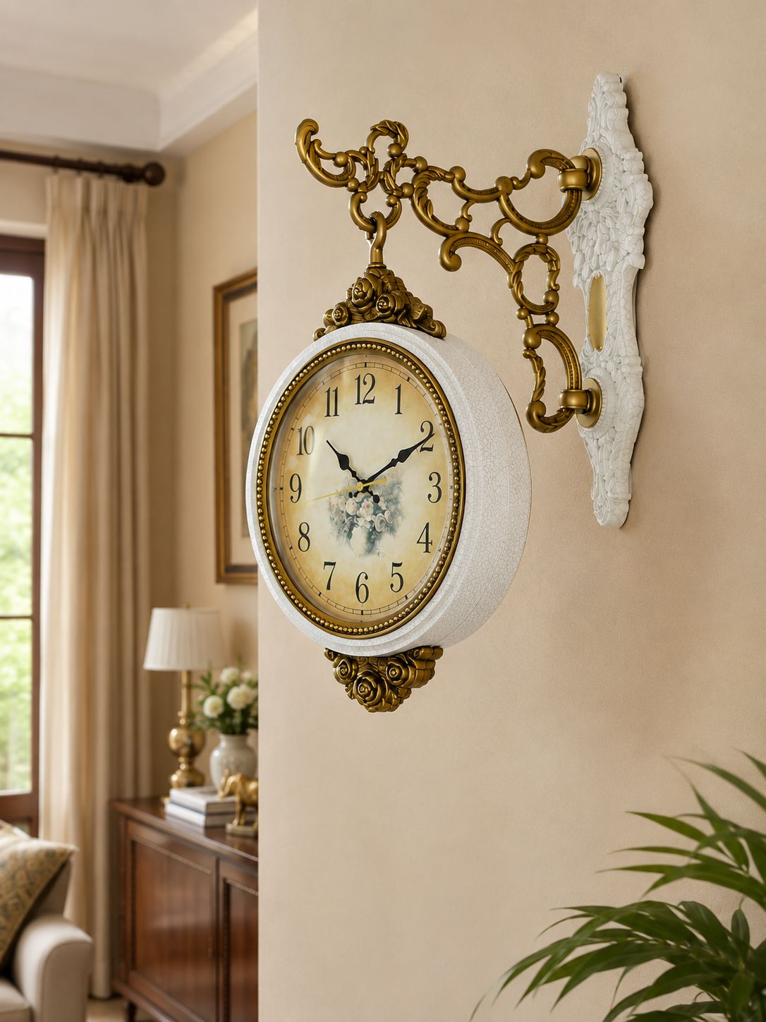 An ornate wall-mounted clock with a white round body, gold scrollwork bracket, and decorative floral clock face, shown hanging on a beige wall in a styled interior room.