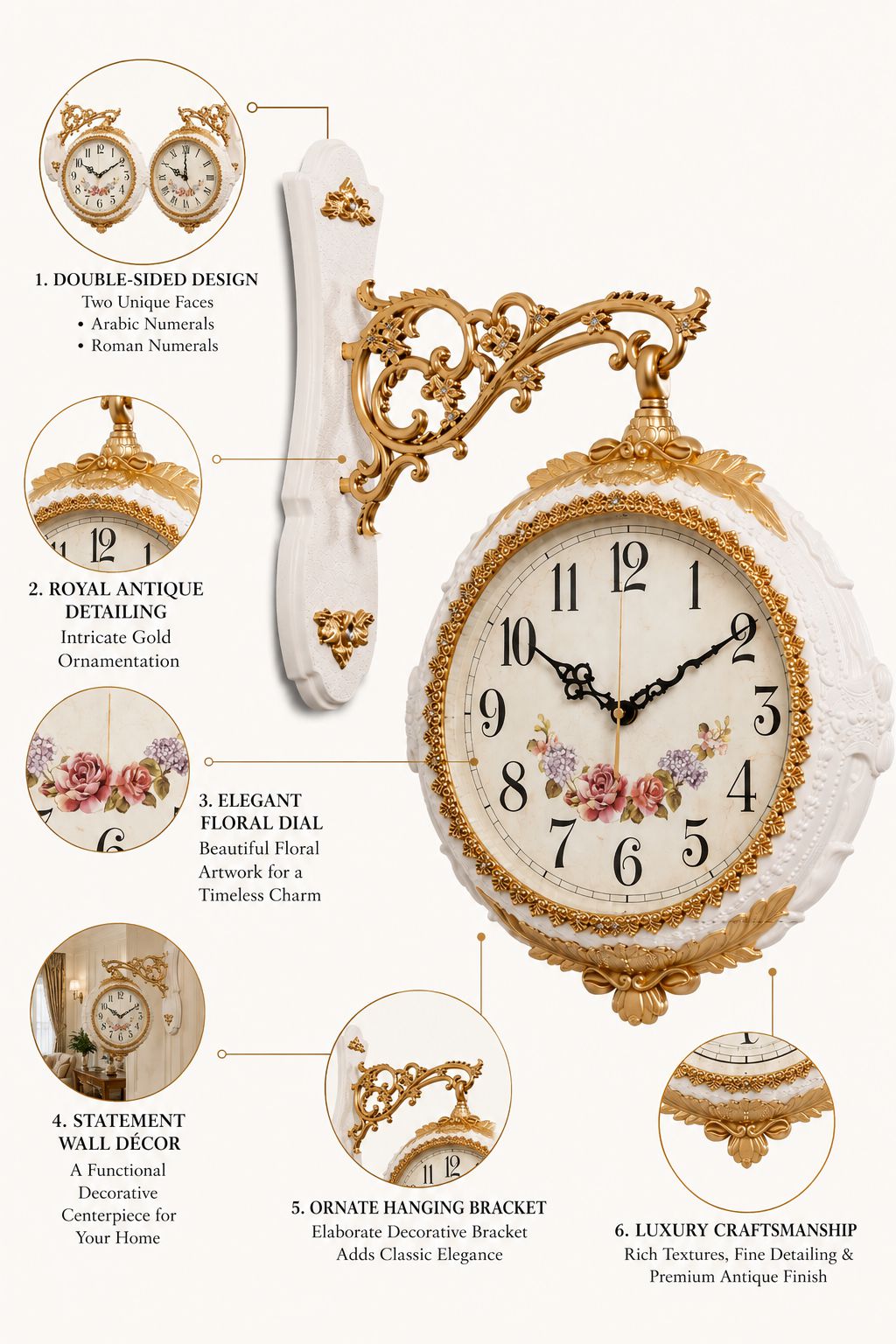 An ornate wall clock with a large floral dial, gold-tone antique bracket, and multiple inset detail callouts with descriptive text on a plain light background.