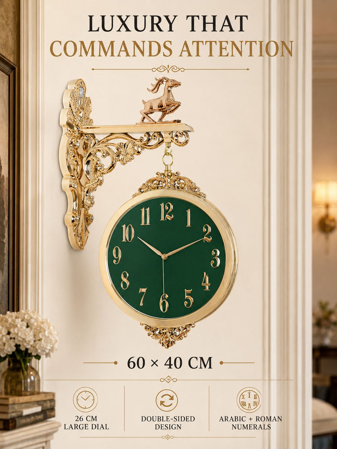 An ornate wall clock with a round dark green face and elaborate gold-tone scrollwork mount, shown hanging on a cream interior wall. Text above reads 'LUXURY THAT COMMANDS ATTENTION' and below '60 x 40 CM' with feature icons.