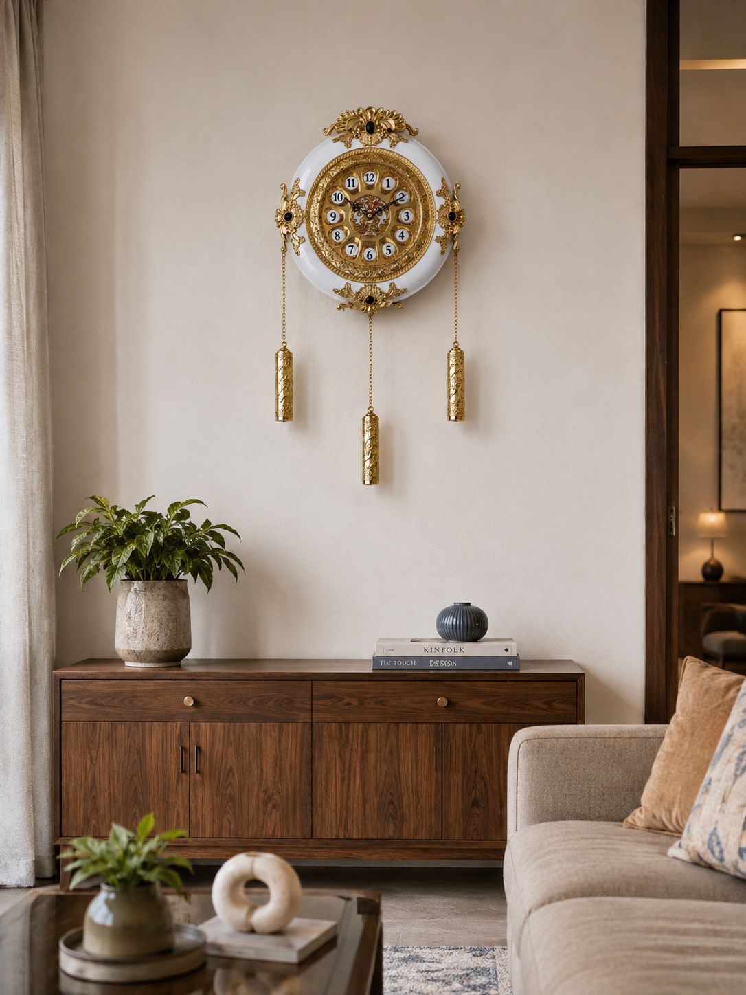 An ornate wall clock with a white circular face and gold detailing hangs above a dark wood cabinet in a styled living room with a beige sofa, potted plants, and neutral decor.