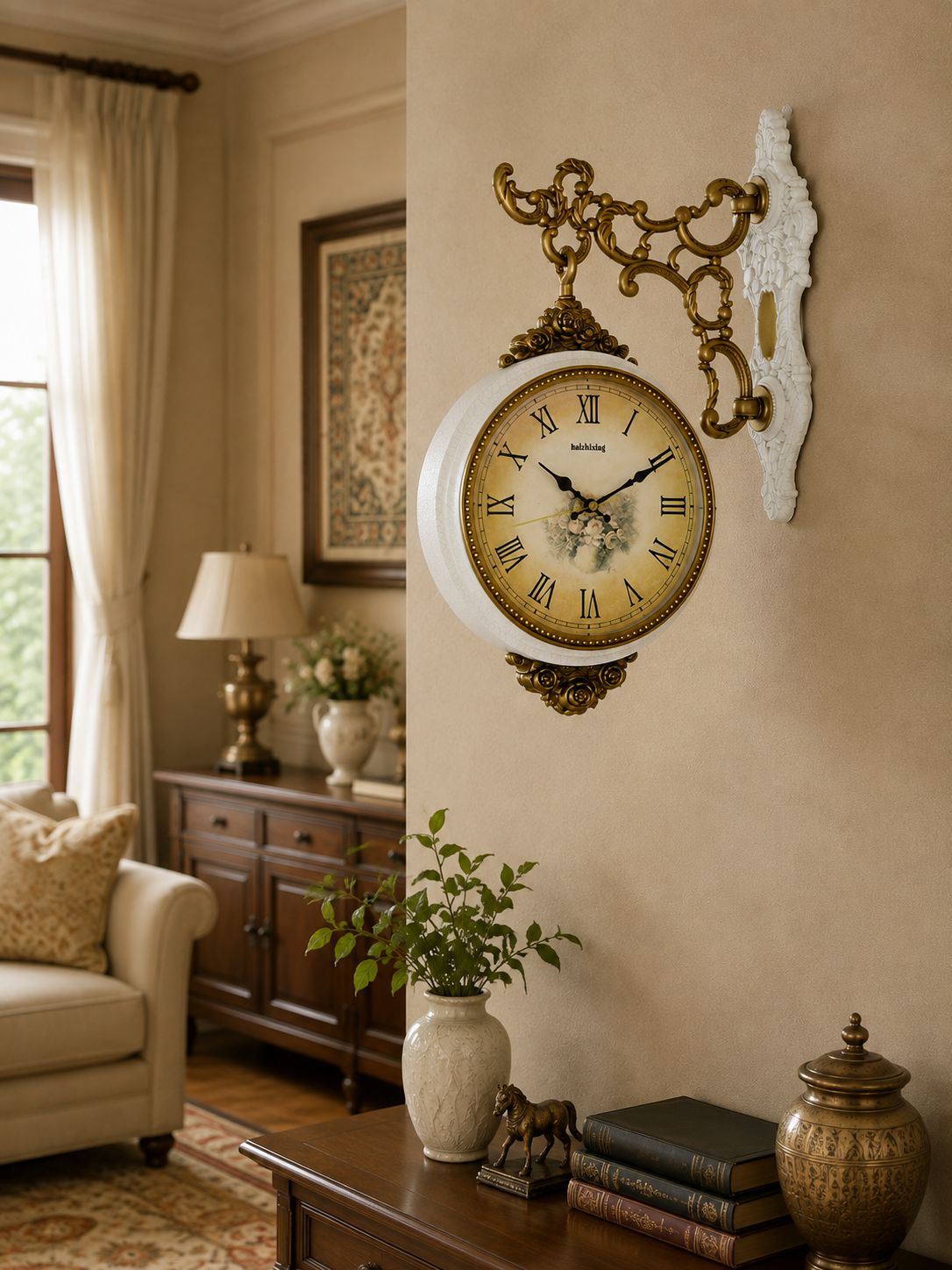 An ornate wall clock with a white oval face, gold Roman numerals, and a decorative gold bracket mount, displayed on a beige wall in a styled living room setting.