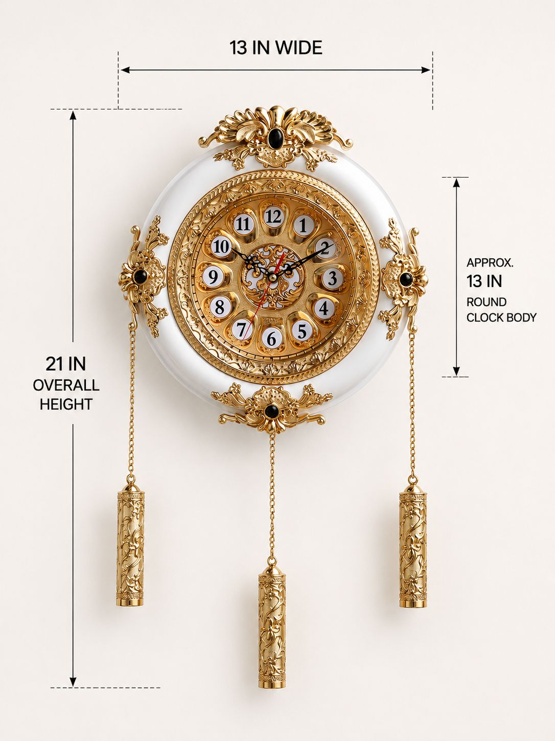 An ornate wall clock with a white round body and gold-tone decorative frame, shown with dimension callouts indicating 13 inches wide and 21 inches overall height.
