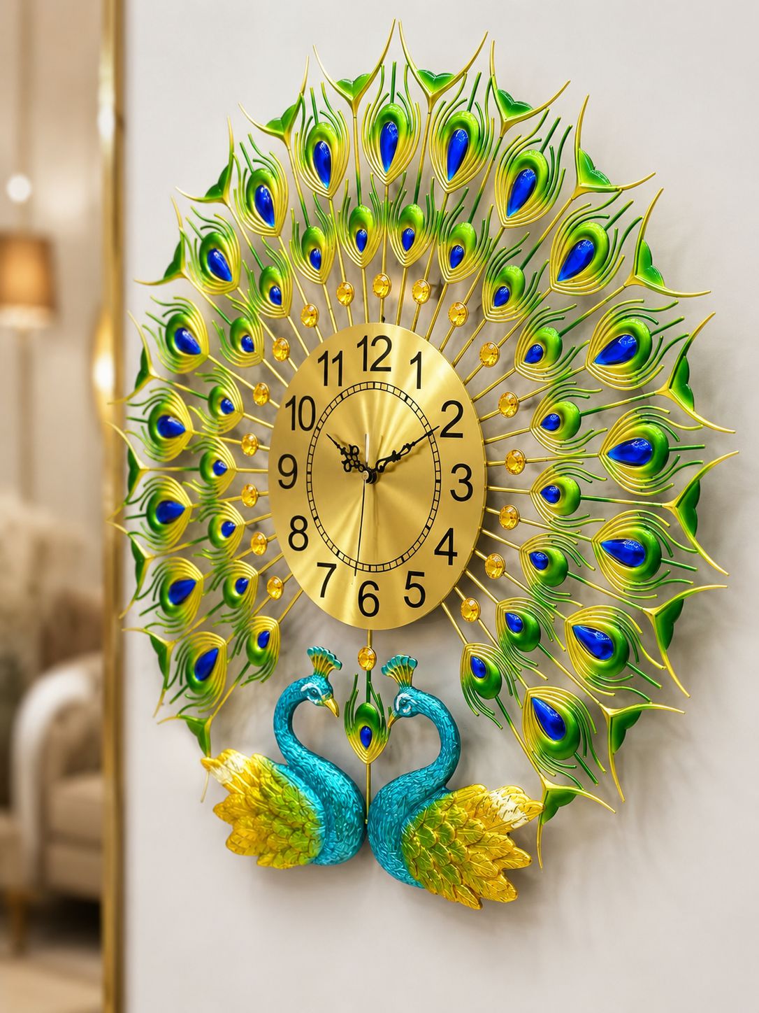 Angled view of luxury peacock wall clock highlighting layered feather construction