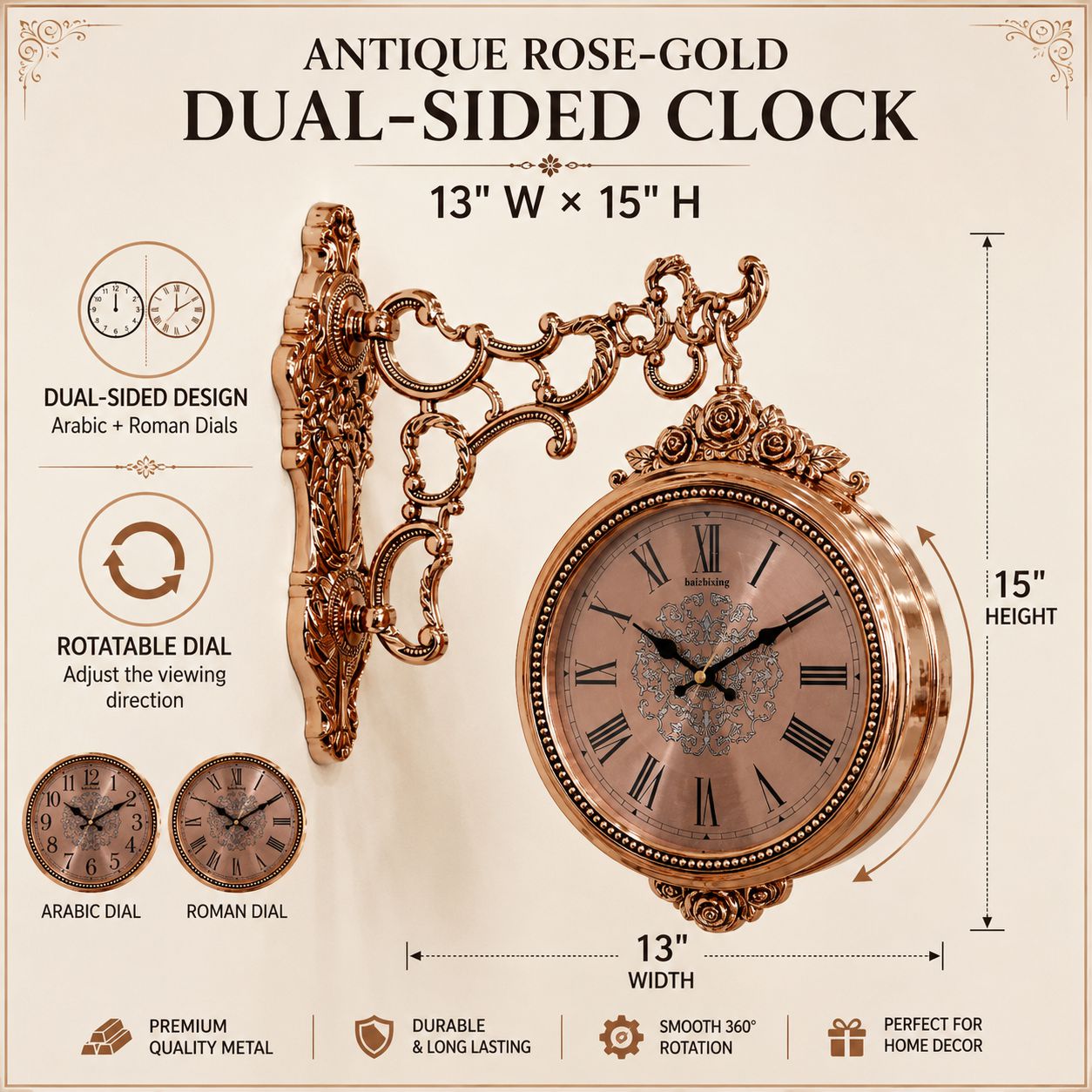Antique-style rose gold dual-sided wall clock with ornate scrollwork and two round dials, shown on a beige infographic background with text indicating dimensions and features.