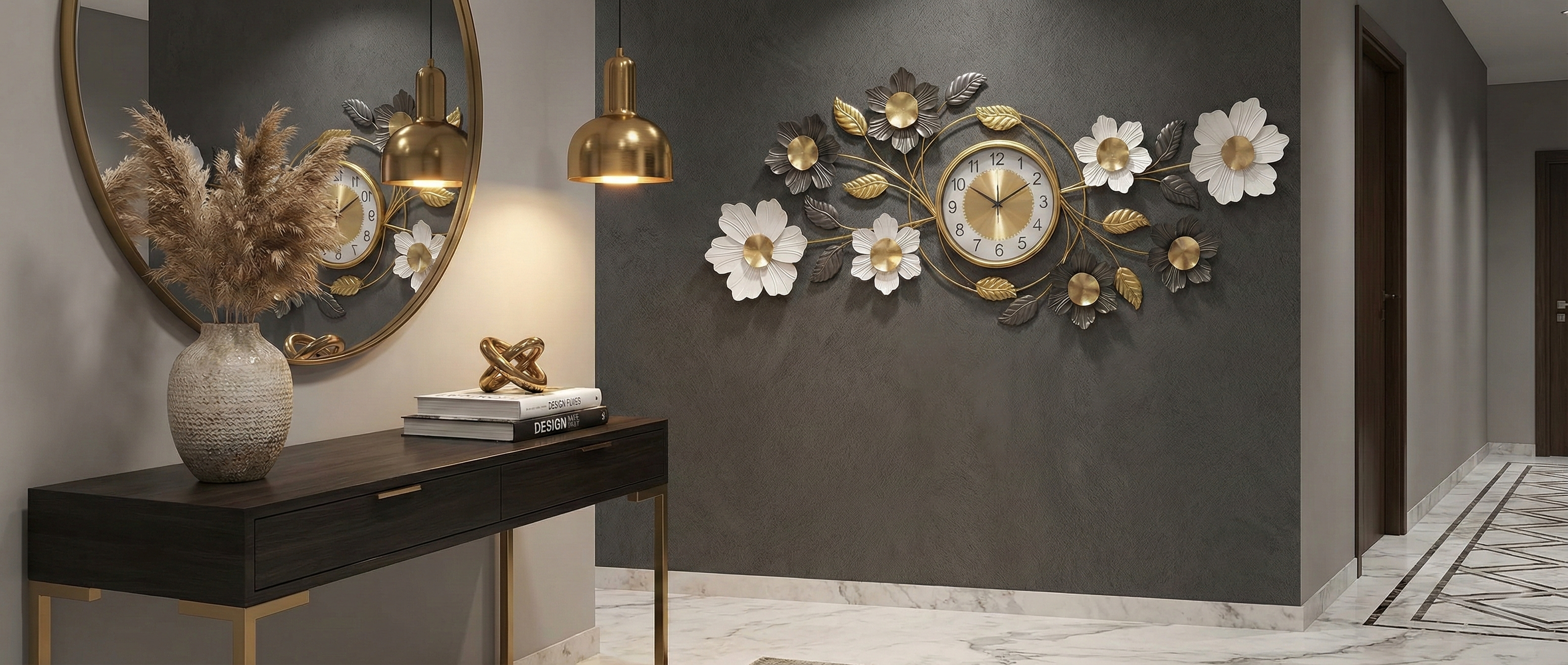 Antique gold and black metal wall decor clock.