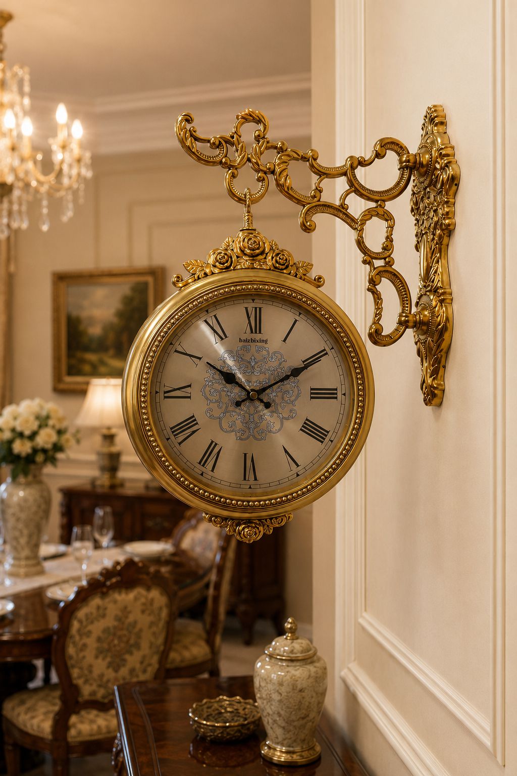 Antique gold double sided wall clock with Roman numeral dial and ornate hanging bracket
