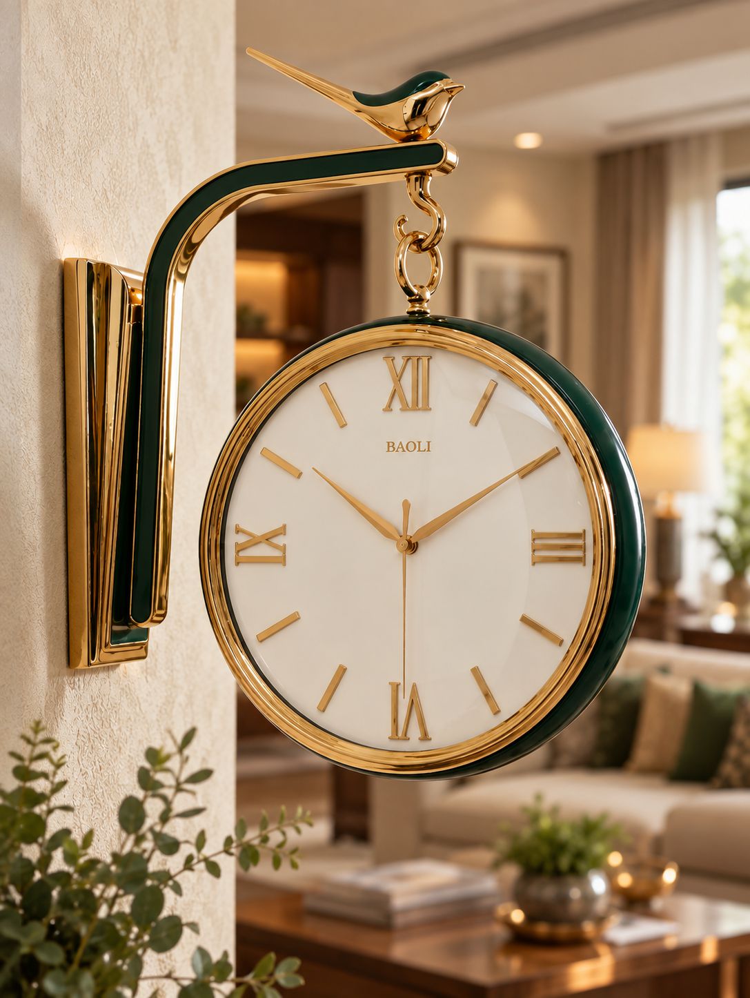 BAOLI wall-mounted bird-shaped clock with a white dial, gold Roman numerals and hands, and a dark green and gold frame, mounted on a textured beige wall in a modern living room setting.